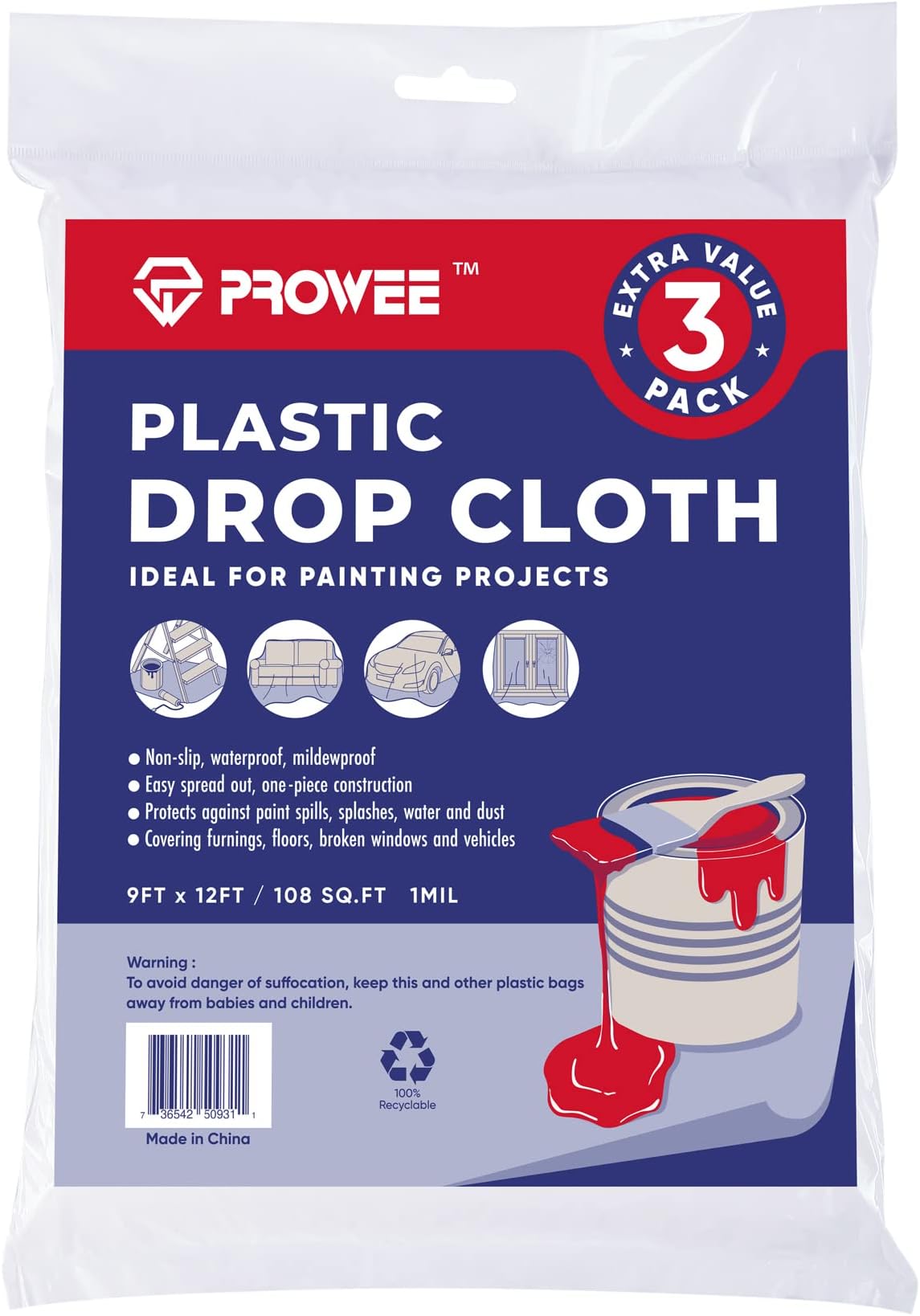 PROWEE 3Pack Painters Plastic Drop Cloth for Painting 9x12 Feet Paint