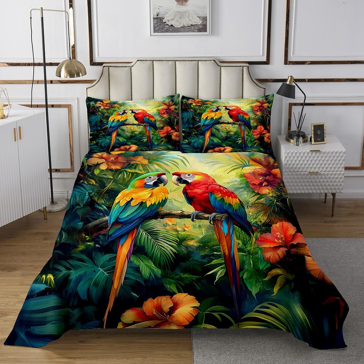 Colcha de loro de colores vivos con temática natural de flores y hojas de palma