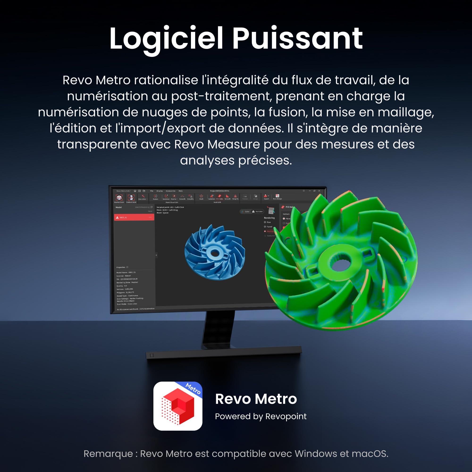 Revopoint MetroX Pro Scanner 3D pour l'Impression 3D, Précision Industrielle 0,01mm, 4 Modes de Scan, Partage d'Écran, Couleurs Complètes, pour Rétro-ingénierie & Modélisation, STANDARD