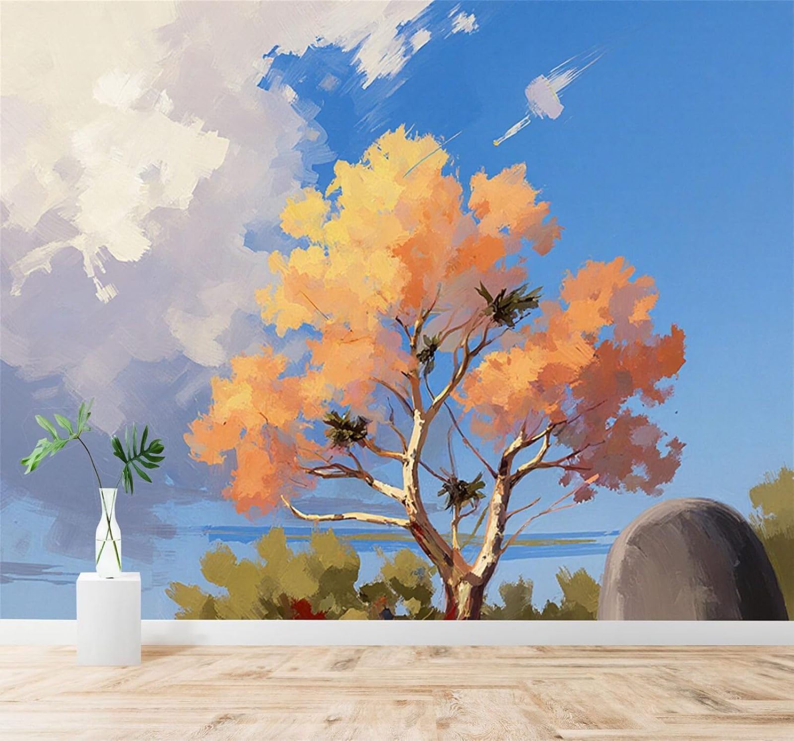 3D Papel Pintado Dibujo A Mano Árboles Otoñales Hojas Doradas Cielo Azul