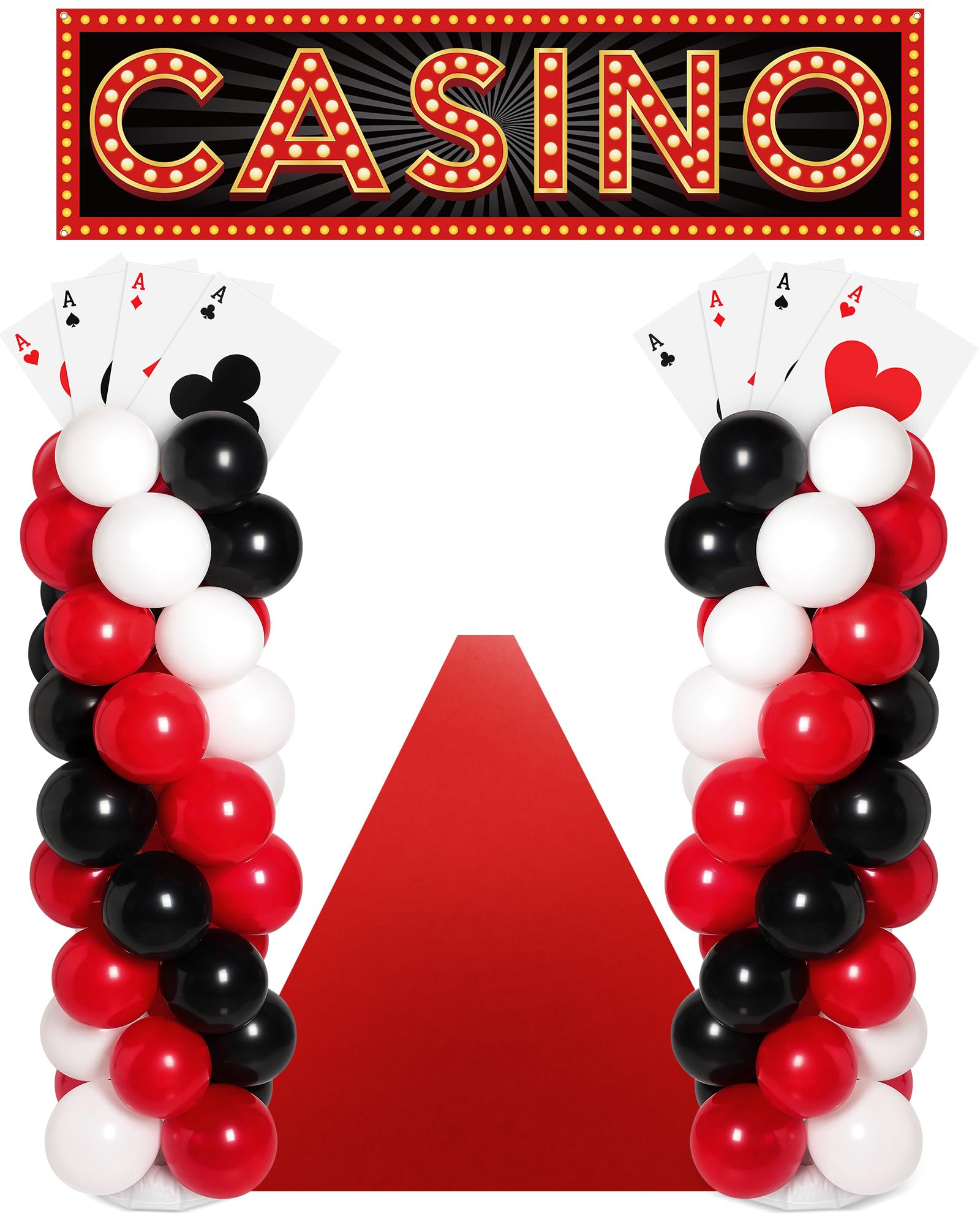 Zhanmai 138 Pcs Casino Theme Party Decorations Set 8 Jumbo Poker Cards Casino Balloon Column Stand Kit Banner Red Carpet for Las Vegas Game Night