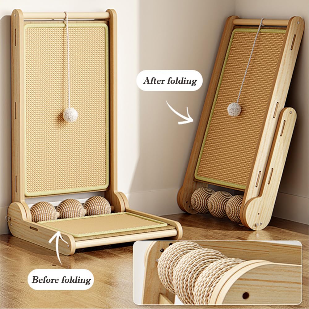 Rascador para gatos en forma de L, almohadilla para rascar gatos de pie con tapete rascador de sisal natural, almohadilla plegable para proteger los arañazos con juguete de bola para interiores (60 x