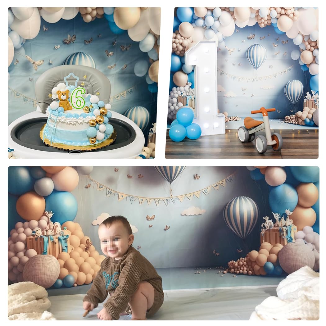 8x6ft First Birthday Backdrop Blue Gold - Baby Boy Photo Background For Cake Smash & Photography