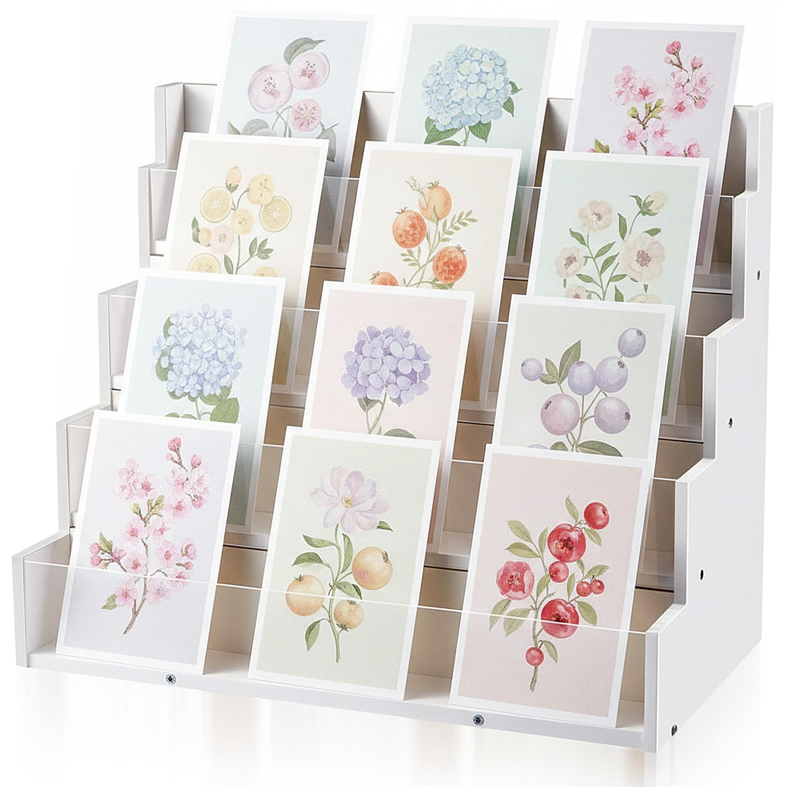 Yuntau Présentoir de cartes de vœux en bambou et acrylique - Présentoir pour cartes de vœux, photos, cartes de vœux - Présentoir pour vendeurs, salons artisanaux (blanc, 4 niveaux)