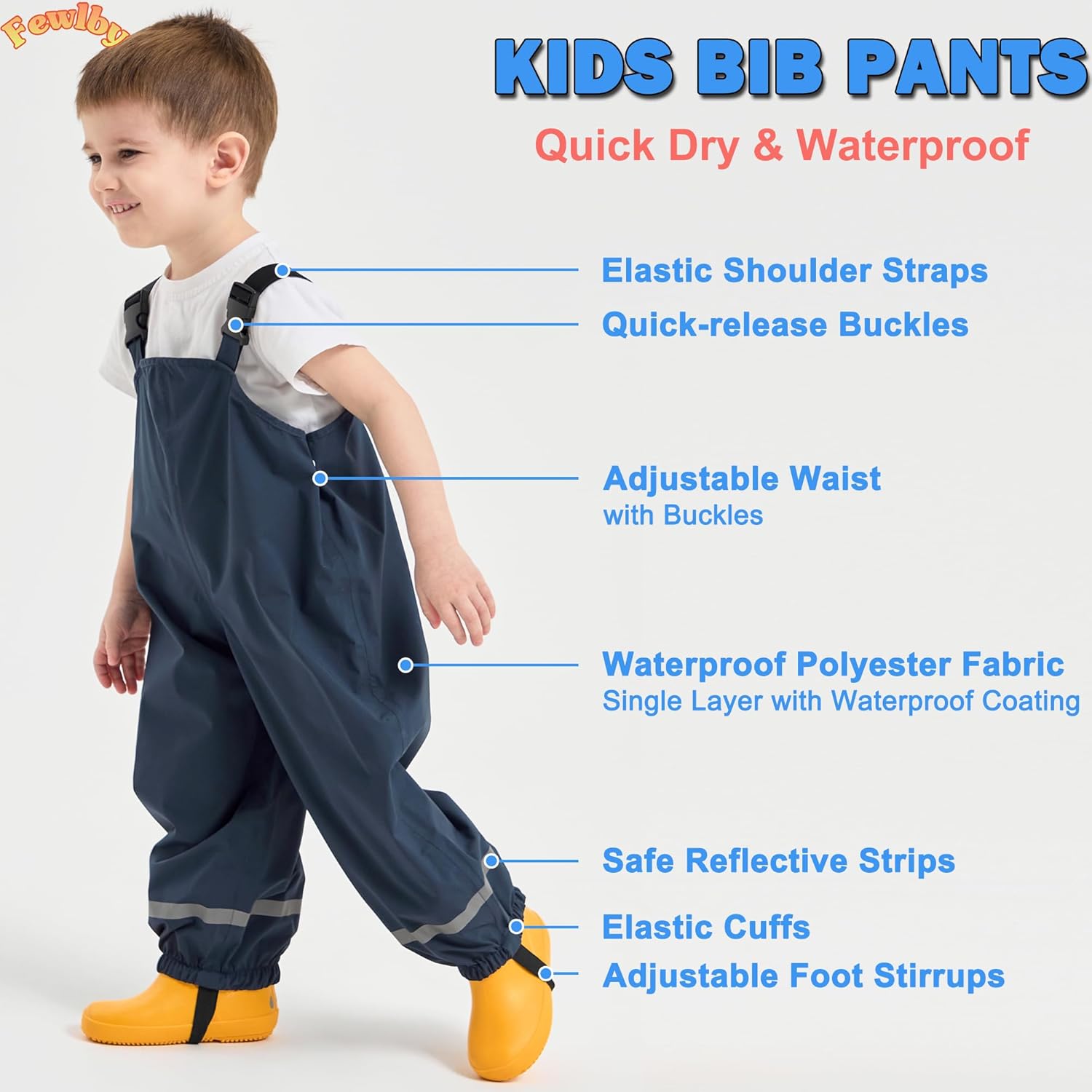 Fewlby Kids Rain Bib Pants, Toddlers Waterproof Suspender Dirty Proof Rain Wear for Boys and Girls - Image 3