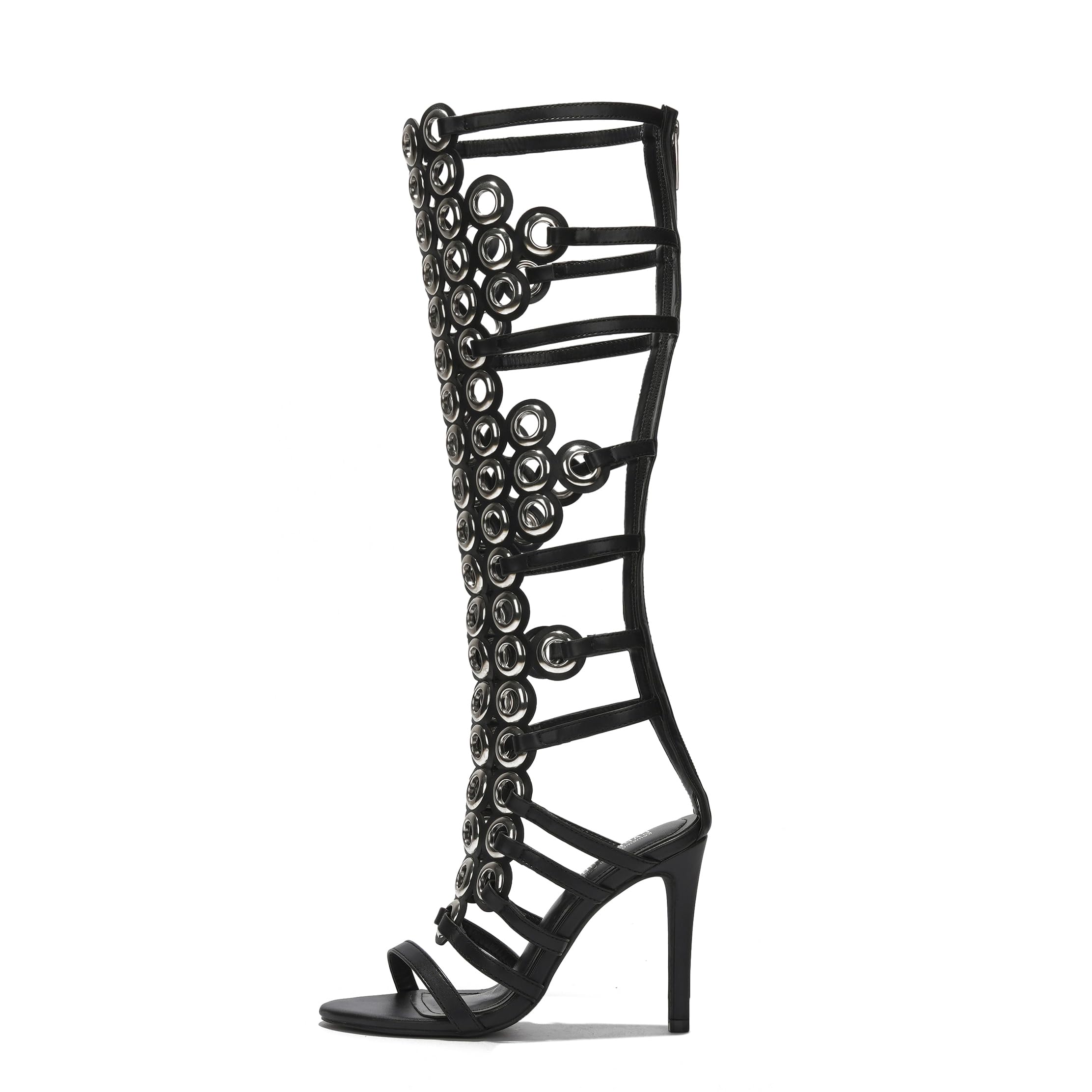 Cape Robbin Women's Knee High Boots Heels - Round Toe Heels with Grommets & Side Zipper, Metallic PU Party Boots for Women (Lalalyn)