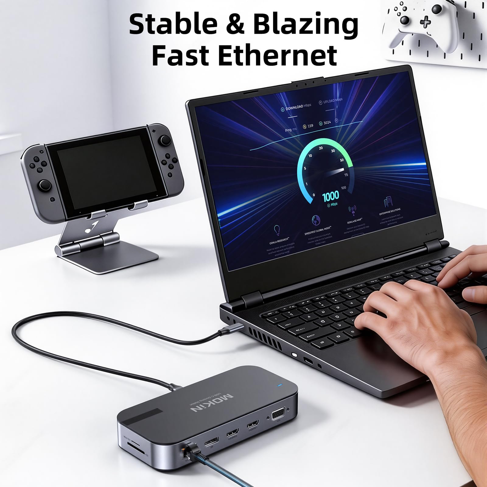 MOKiN 16 en 1 USB C Docking Station Laptop 2 Monitore für Tragbare Computer | mit 2 HDMI+DP+VGA+RJ45+100W PD+SD/TF+2 USB2.0+2 USB3.0+USB3.1+Audio+2 USB C für Dell Surface Lenovo HP