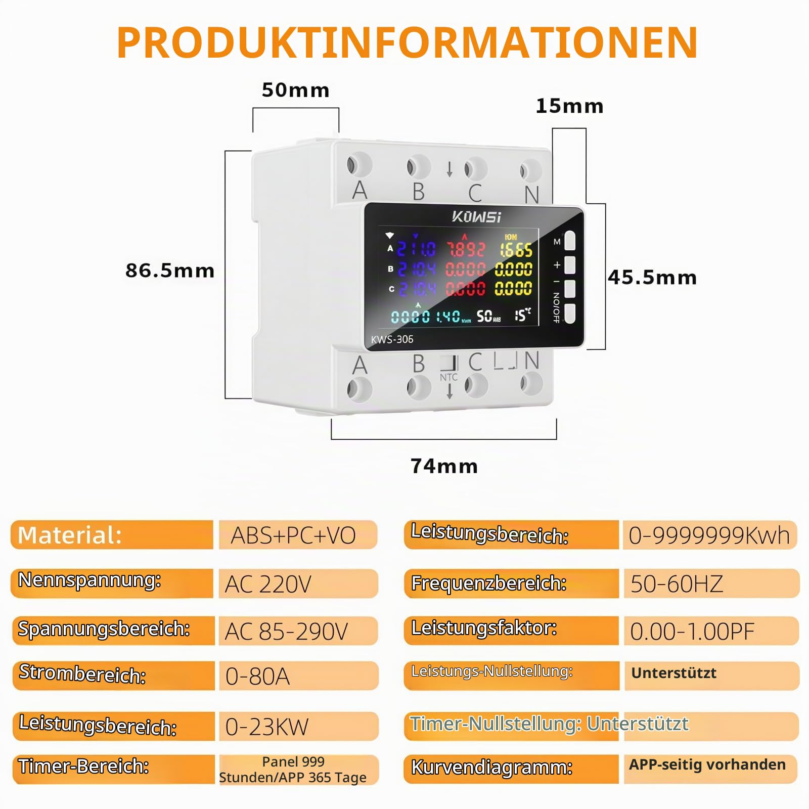 Stromzähler 3-Phasen 4-Draht, 9 in 1 Wlan Tuya Smart Meter mit LCD-Display, Digitaler Stromzähler DIN Hutschiene Drehstromzähler, Geeicht Drehstromzähler für Leistungsmesssystemen Eingesetzt