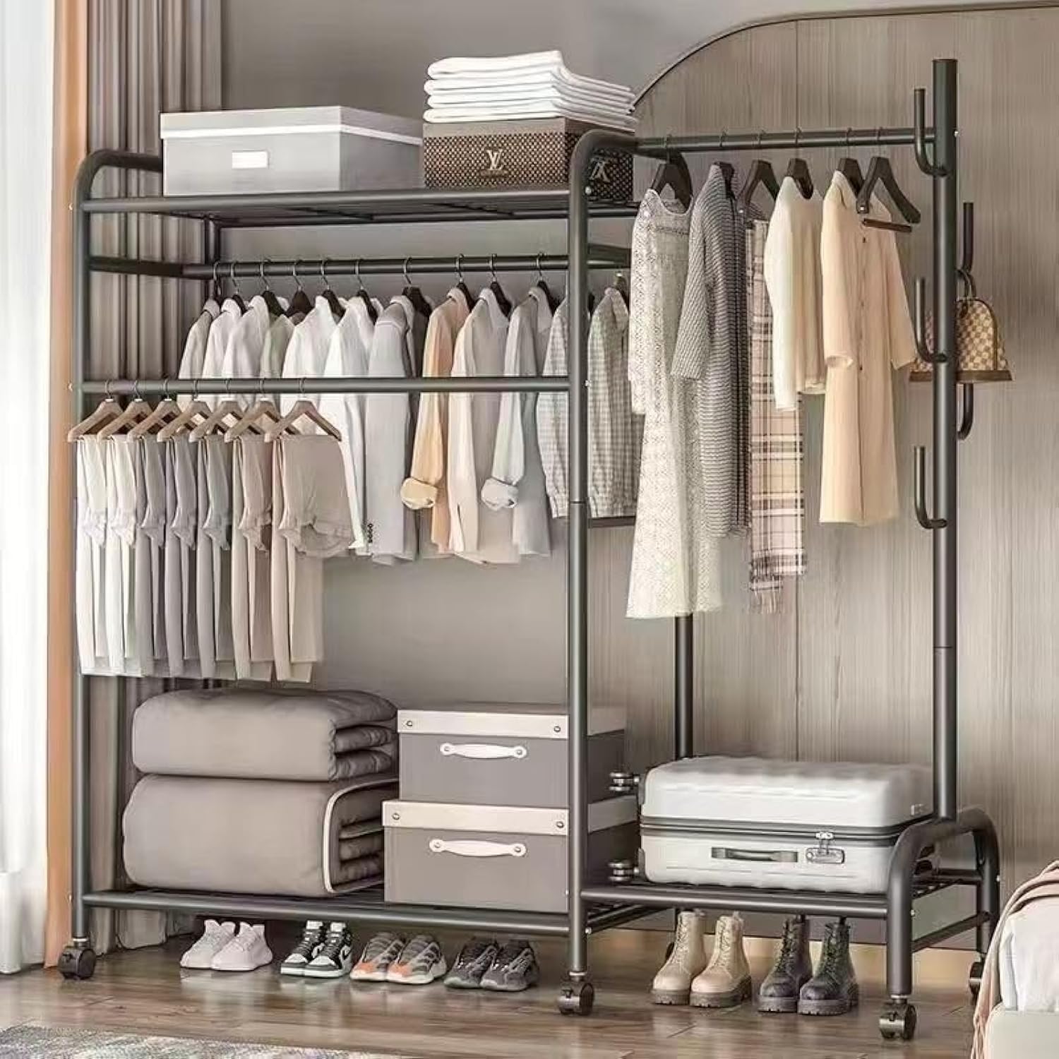 Garment Rack Heavy Duty Clothes Rack Metal with ghelves, Standing Rolling Clothing Rack for Hanging Clothes with Sturdy wheels, Portable Closet Wardrobe Rack