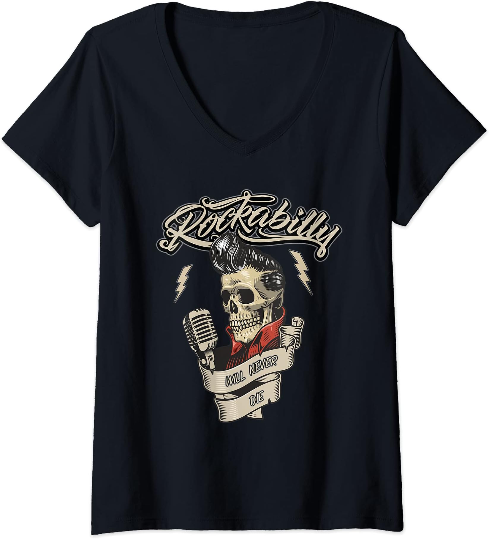 Womens Rockabilly Music Pinup RnR Oldschool Retro Vintage V-Neck T-Shirt