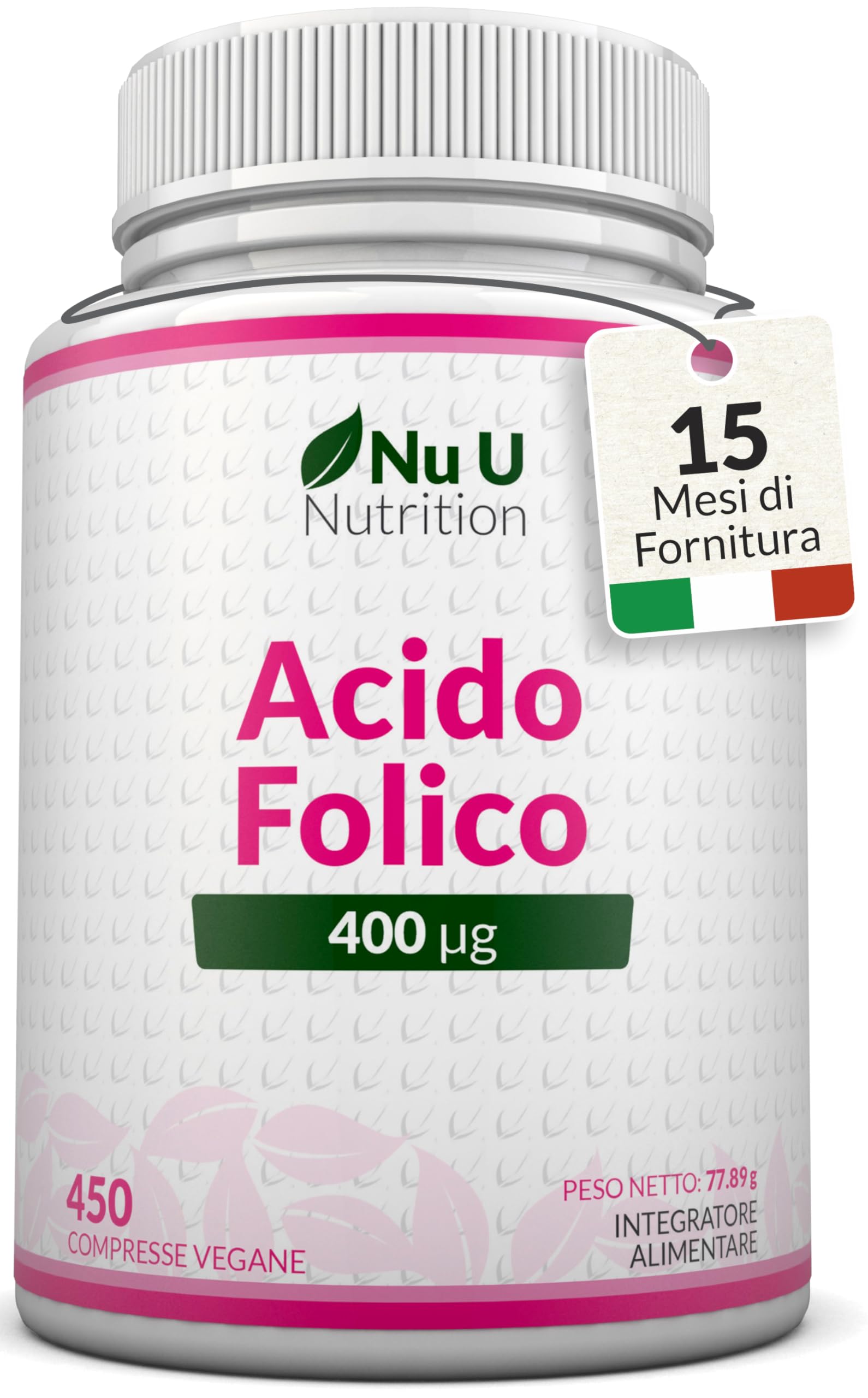 Acido Folico 400 µg - 450 Micro Compresse Vegane - Scorta 15 Mesi - Vitamina B9 Folato per Donne in Gravidanza - Integratore Prenatale - Prodotto in Europa - Nu U Nutrition