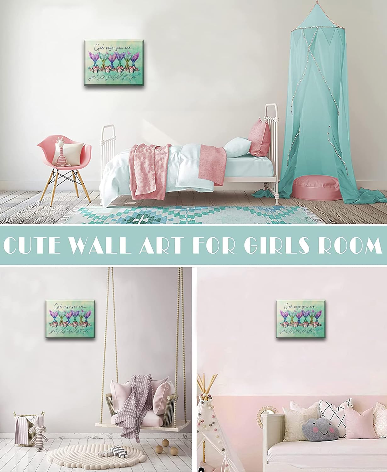 Mermaid Wall Art Little Girls Room Decor Canvas Prints Painting Teal Bathroom Bedroom Pictures Framed Artwork Gifts Office Home Decorations 16"x12"