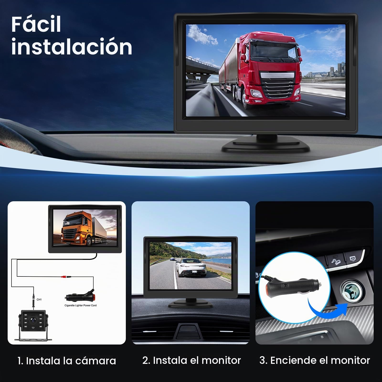 VECHTE Cámara Marcha Atras 5 Pulgadas IPS HD Monitor 1 Cámara Trasera Coche de Visión Nocturna Imperme IP68 para Coche Camiones Autobuses Furgonetas Camiones, 10m Cable