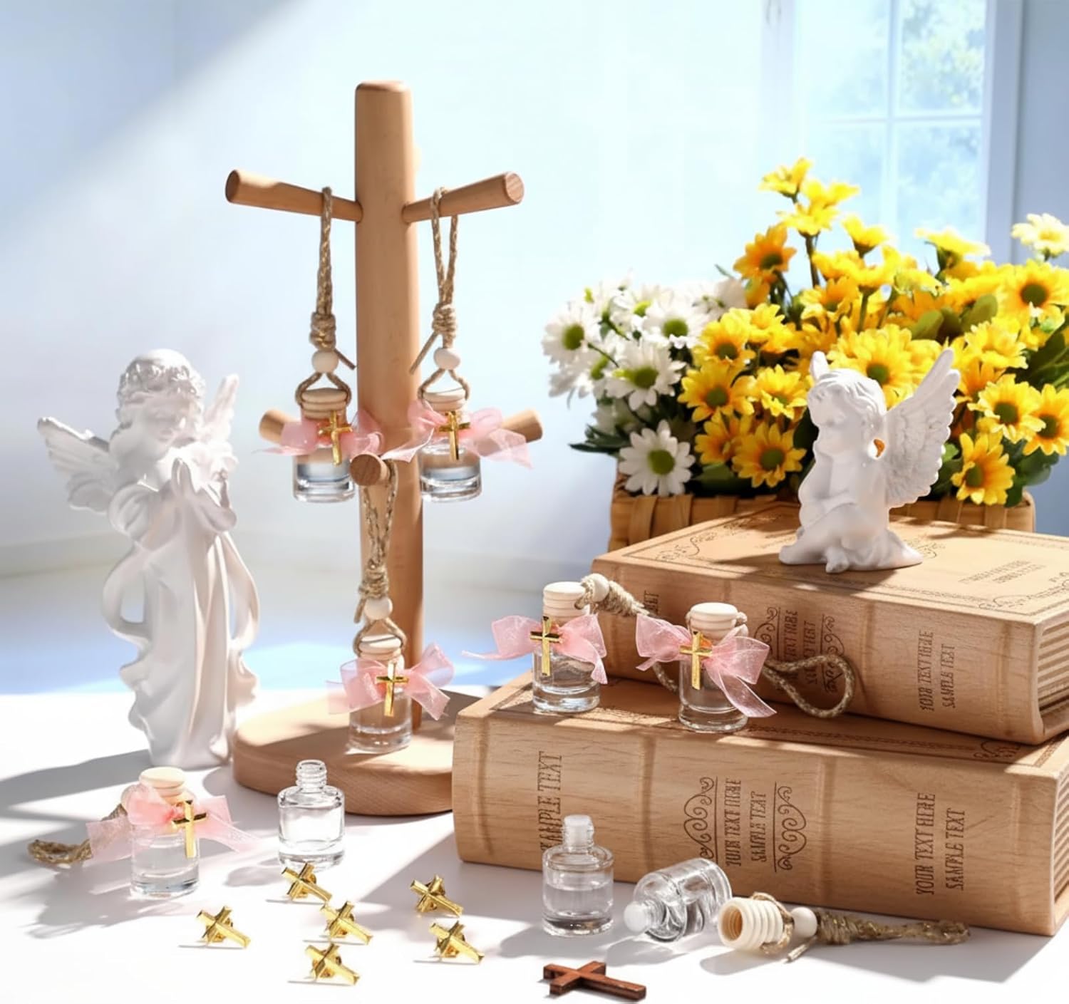 30 Set Holy Water Bottles Baptism Favors for Guest 8ml Mini Catholic Christian Holy Water Container with Cross Pin and Ribbon for Church Baptism Communion Christian Gift(Pink,Cylindrical)