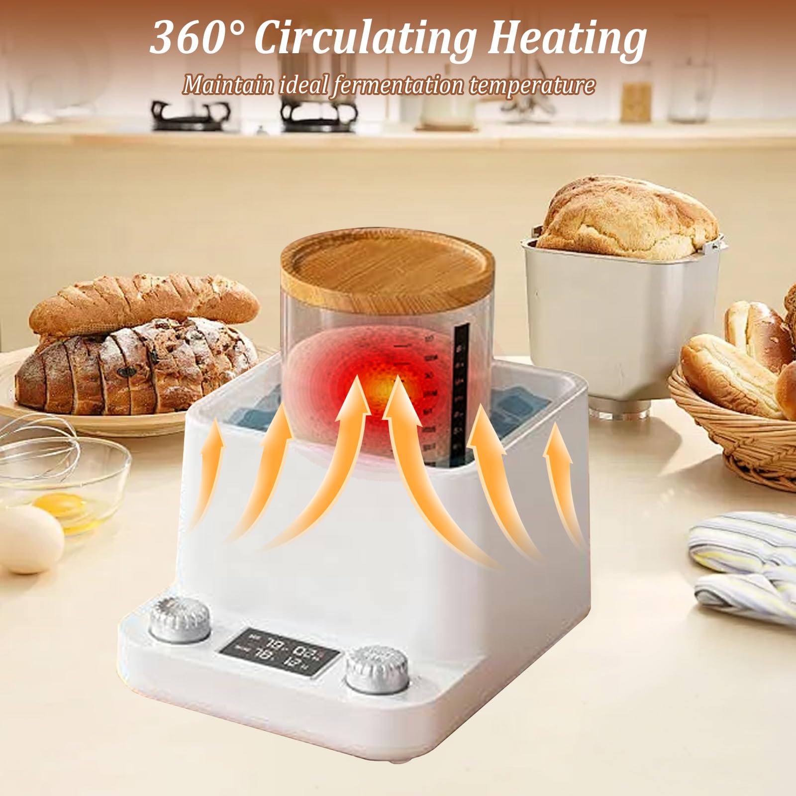 Gleichmäßiges Wasserbad-Sauerteigwärmer,1°F präziser Thermostat Sauerteig Starter Wärmer Wärmegerät Sauerteigstarterwärmer 198-Stunden-Timer für Brotbacken & Fermentation