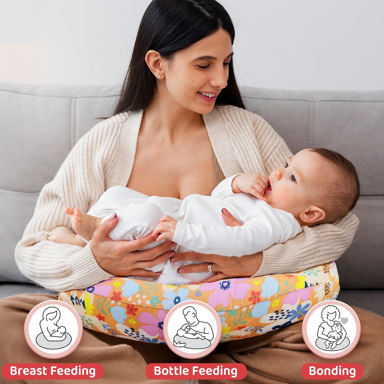 Nursing Pillow,Bottle and Breast Feeding Pillows for Baby Boy and Girls,Donut Tummy Time Pillow with Removable Cotton Blend Cover,Original Support Sit Up Pillow(Flower-71) image 2 of 7 B0D1QW4XW9