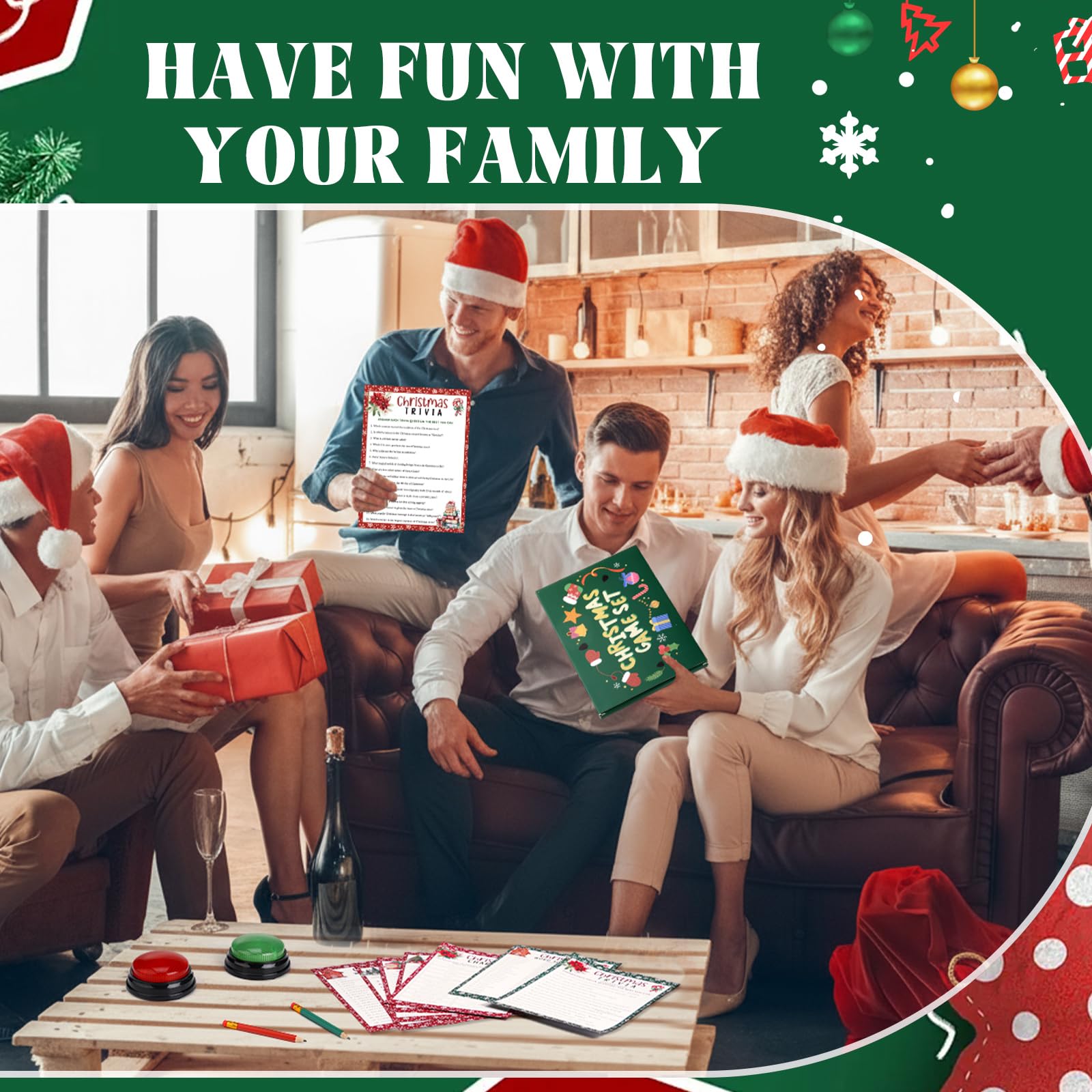 Fullhawl 124 Stück Weihnachts-Quiz-Spielkarten für Familie mit 102 Quiz-Antwortkarten, 2 Spiel-Summern, 20 Weihnachtsstiften, Erwachsenengruppe, Weihnachtsfest, Ratespiele, Urlaub, Partyzubehör