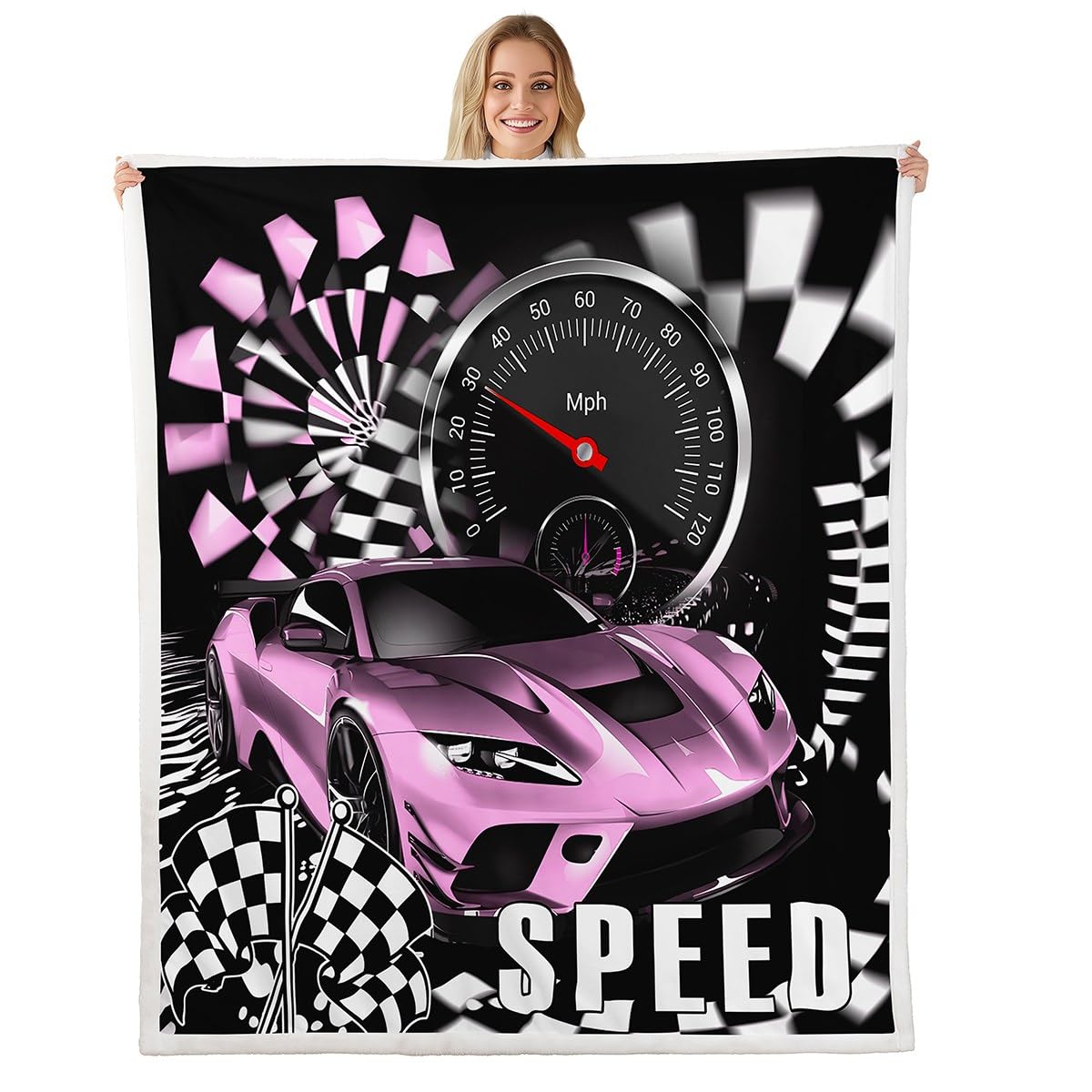 Couverture polaire rose pour lit et canapé, plaid Sherpa enfant style Fast and Furious