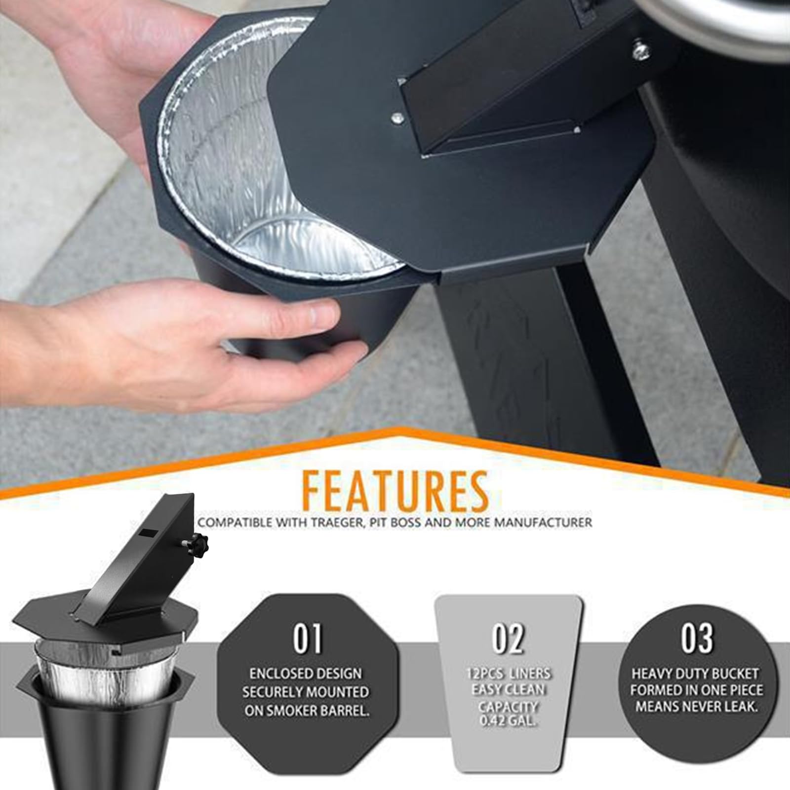 Seau d'égouttage jetable de grande capacité avec doublure en aluminium pour barbecue et pique-nique avec entonnoir