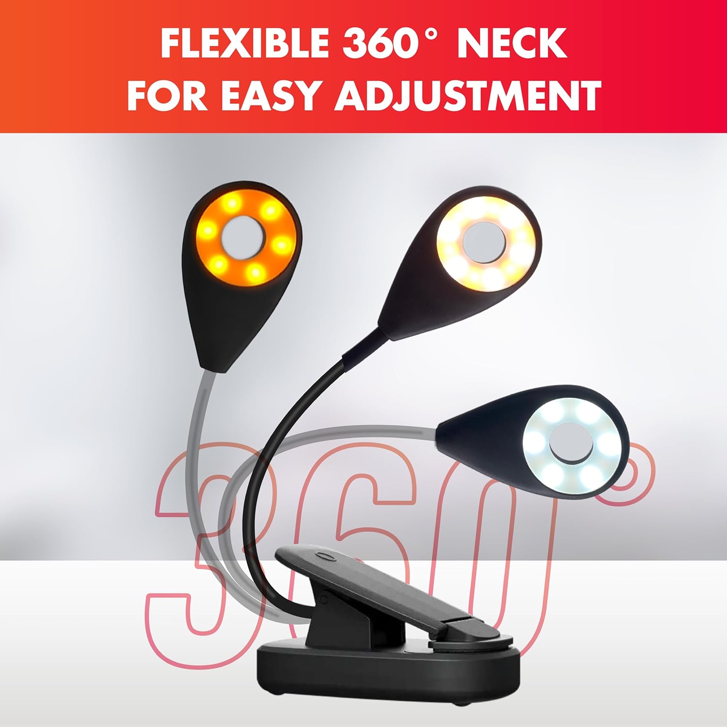 Mito Red Light - Circle Amber Light Book Light - Book Lights for Reading at Night - Portable, Rechargeable Book Light Clip On with 360° Gooseneck - Reading Lights for Books in Bed
