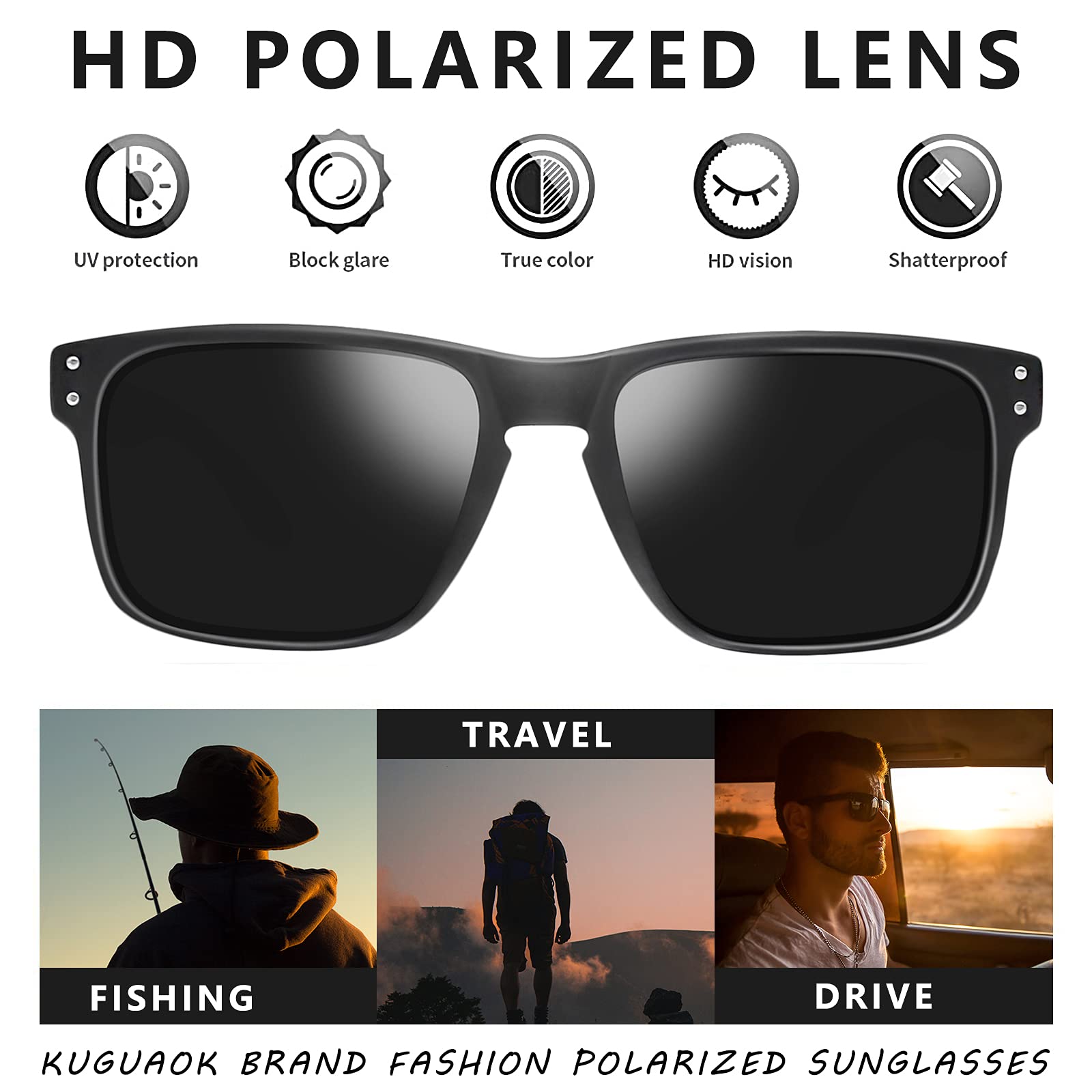 KUGUAOK Gafas de sol deportivas polarizadas para hombre, para conducir, ciclismo, pesca, gafas de sol 100% con protección UV