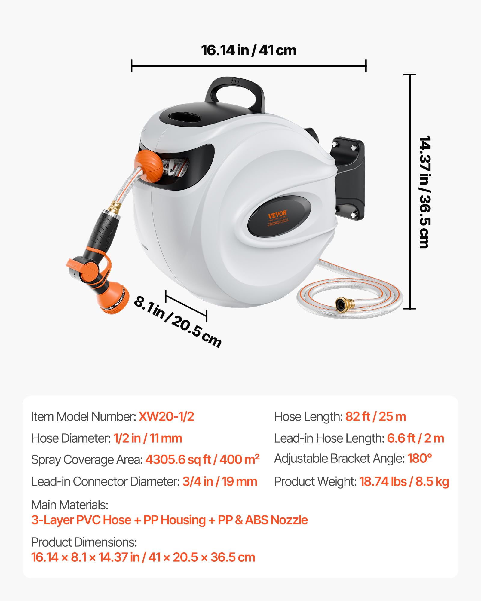 VEVOR Avvolgitubo Automatico Retrattile 25m, Diametro Tubo 12mm, Rullo per Irrigazione da Giardino, Fissaggio a Parete Girevole 180°, per Orto e Pulizia Domestica, Classe di Efficienza Energetica A