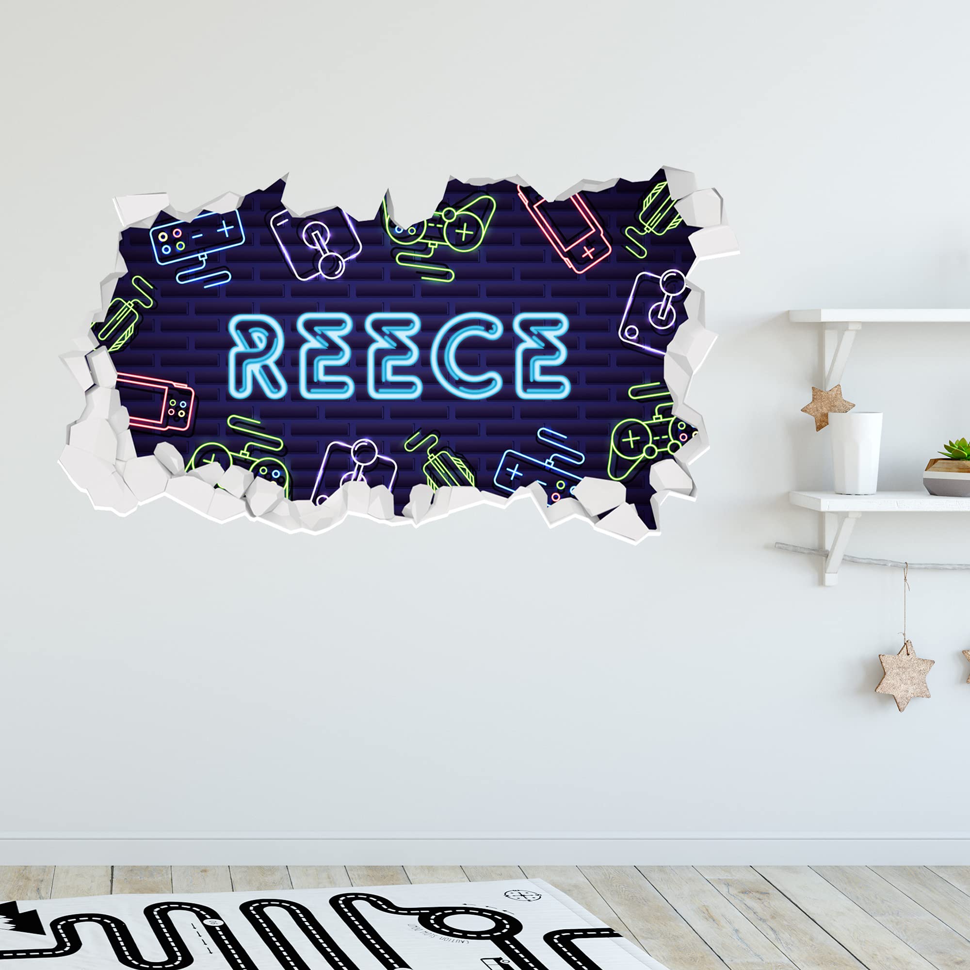 Beautiful Game Neon Gaming Wall Sticker Personalised Name Broken Wall Decal Home Art Bedroom Mural (60Cm Width X 30Cm Height)