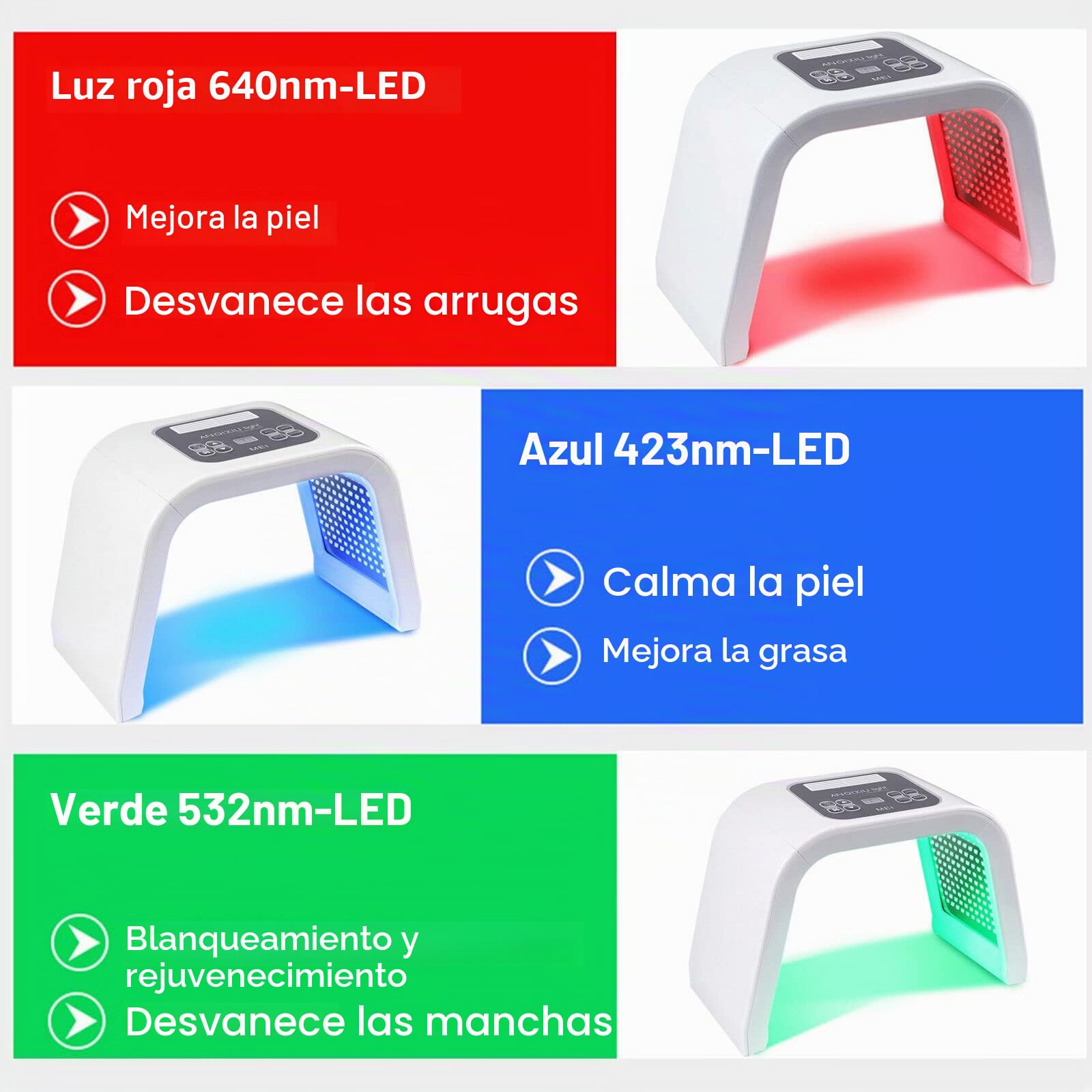 Lámpara de belleza LED de 7 colores para terapia de luz, máscara facial, dispositivo para el cuidado de la piel, mejora las arrugas, reafirma la piel, herramientas de terapia de fotones