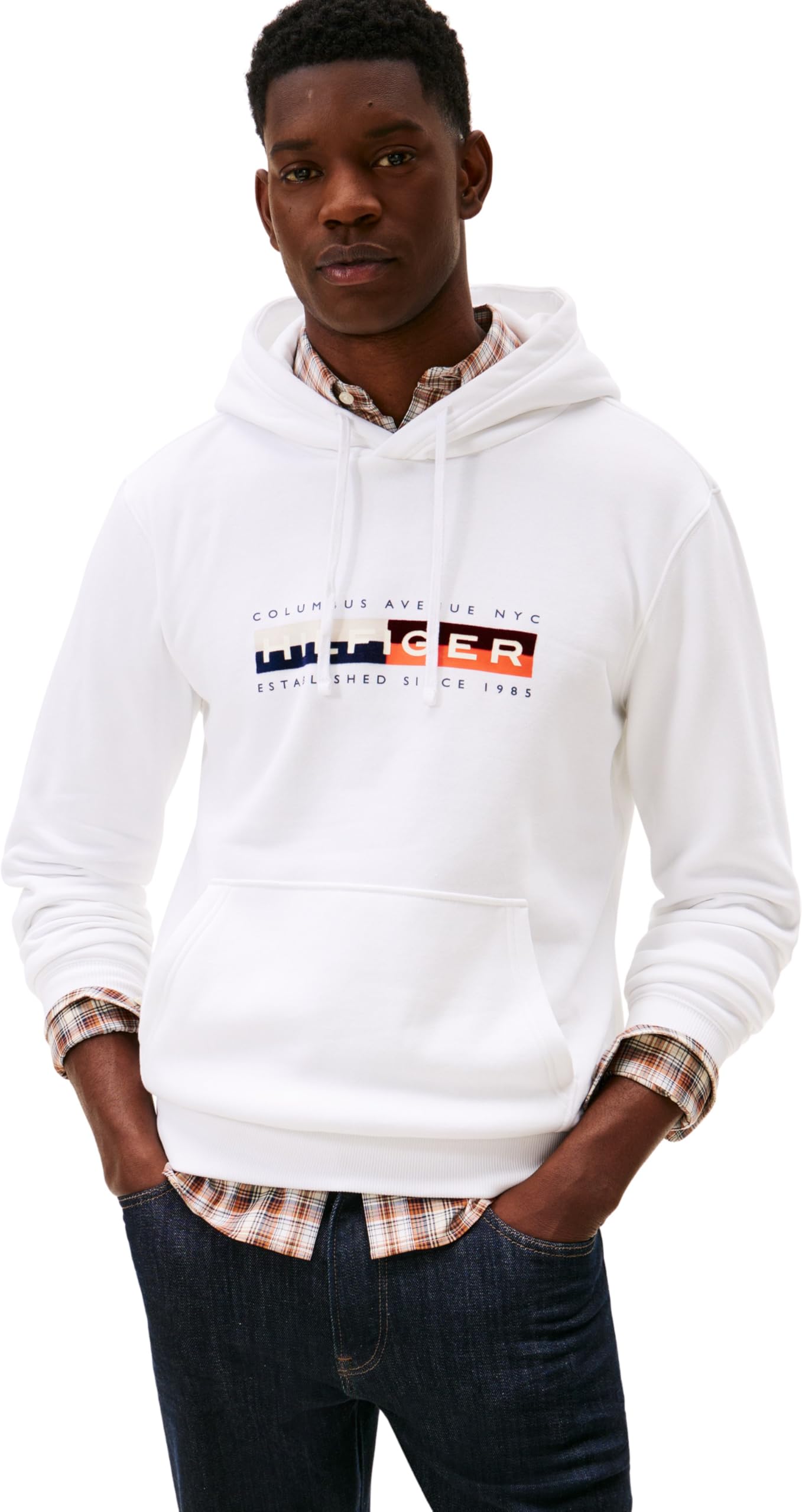Tommy Hilfiger Men’s Colour Block Graphic Hoodie with Logo, White (White), L