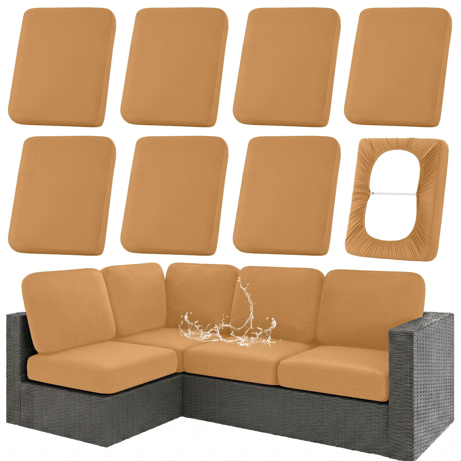Photo 1 of hyha Waterproof Outdoor Cushion Covers for Patio Furniture, Stretch Patio Chair Cushion Slipcovers, Coated UV Resistant Replacement Seat Covers, Solid Color (Camel, 8PC)