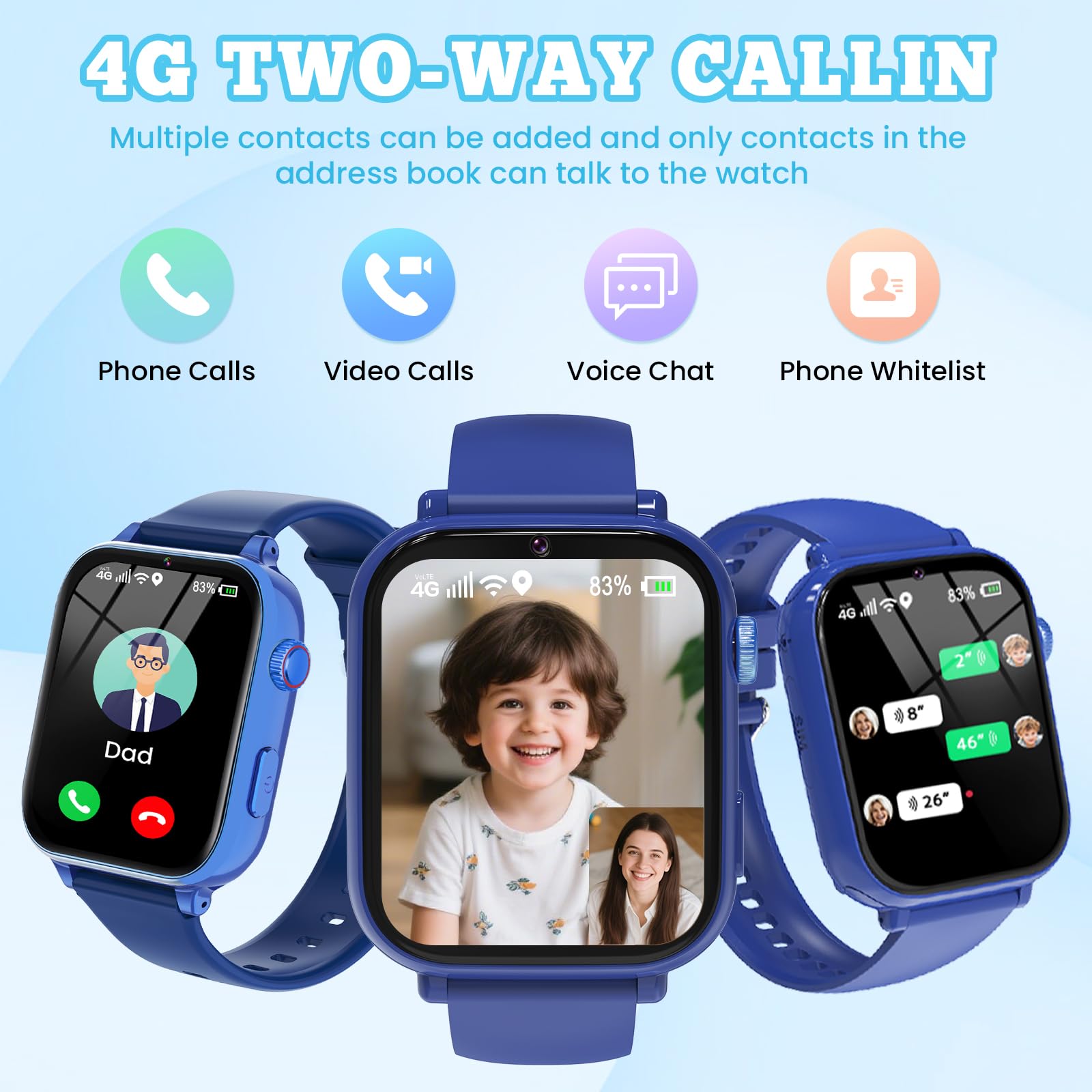 4G Smartwatch Bambini, Kids Smart Watch Intelligente con GPS, SOS, WIFI, Chat Vocale, Videochiamata, Modo Classe, Giochi Sveglia Contapassi Ragazzi Ragazze Orologio Regalo 4 ai 12 anni, Blu Navy