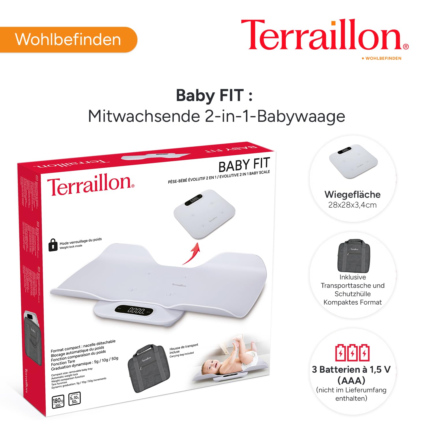 TERRAILLON - Baby Fit – Elektronische Babywaage 2-in-1, abnehmbare Babywanne, Gewichtsvergleichsfunktion, Kinderverriegelung, Skala 5-10-15 g, Kapazität 180 kg, Hülle inklusive, Weiß