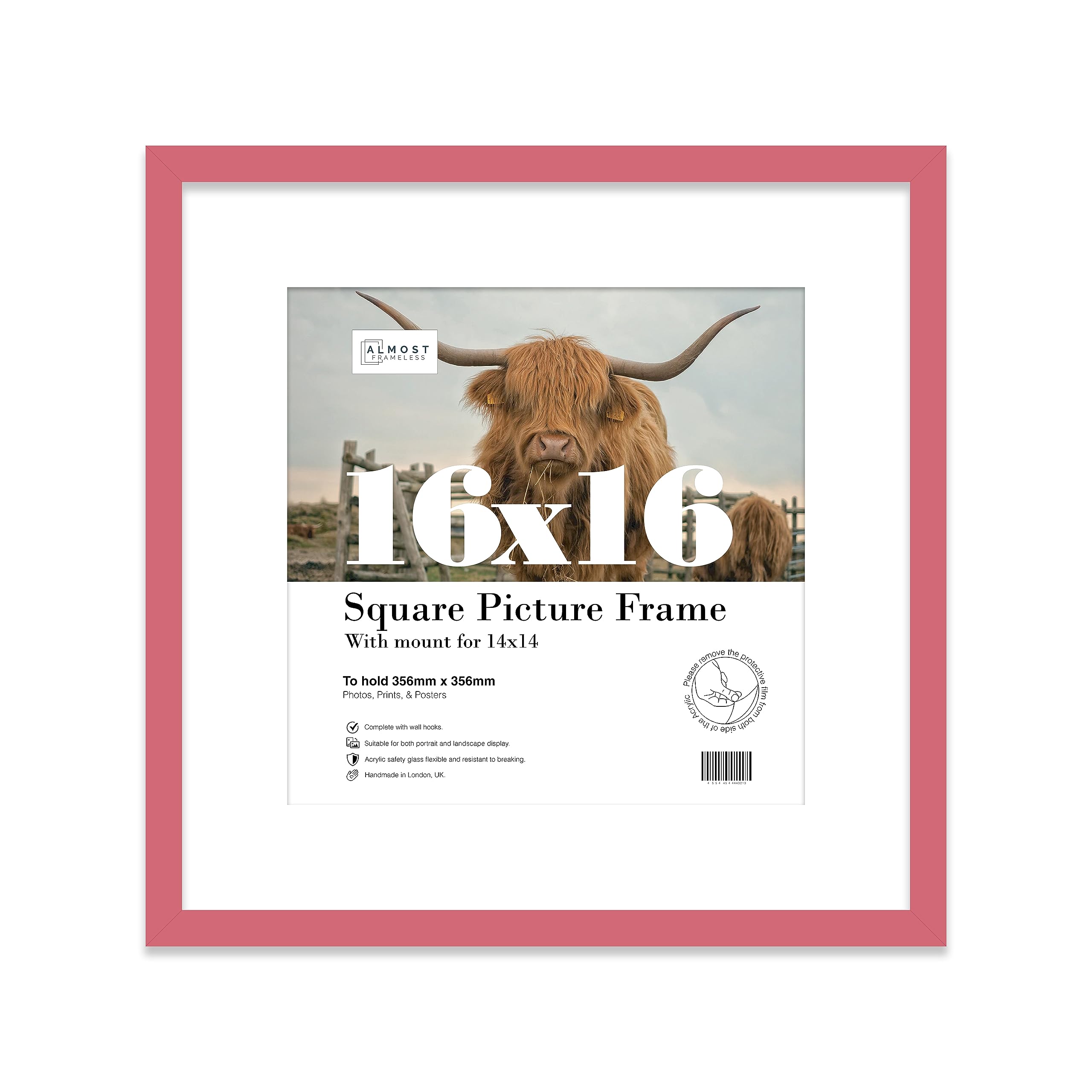 16x16 Pink Picture Frame with Mount for 14x14 Photos, Prints - Modern Square Wall Frame, 1 Pack