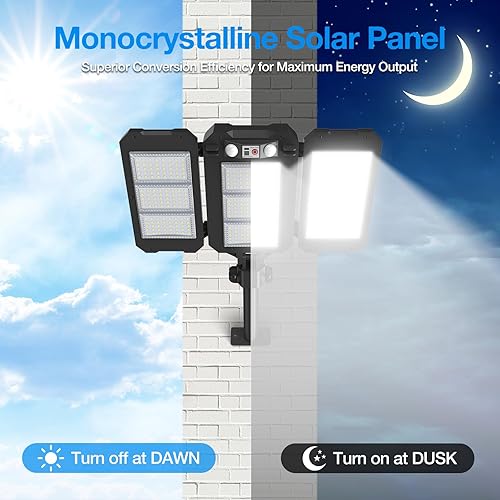Miniatura 8 de Luces solares de inundación para exteriores, 7000 lm luces solares de brazo de aluminio súper brillantes, 3 cabezales de atardecer a amanecer, luces