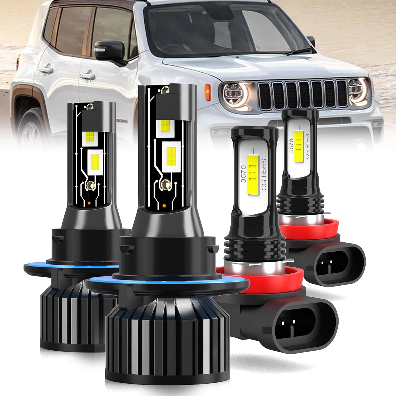 For 2015-2023 Jeep Renegade light Bulbs, 9008 High Low Beam H11 Fog Light Combo, 4PCS