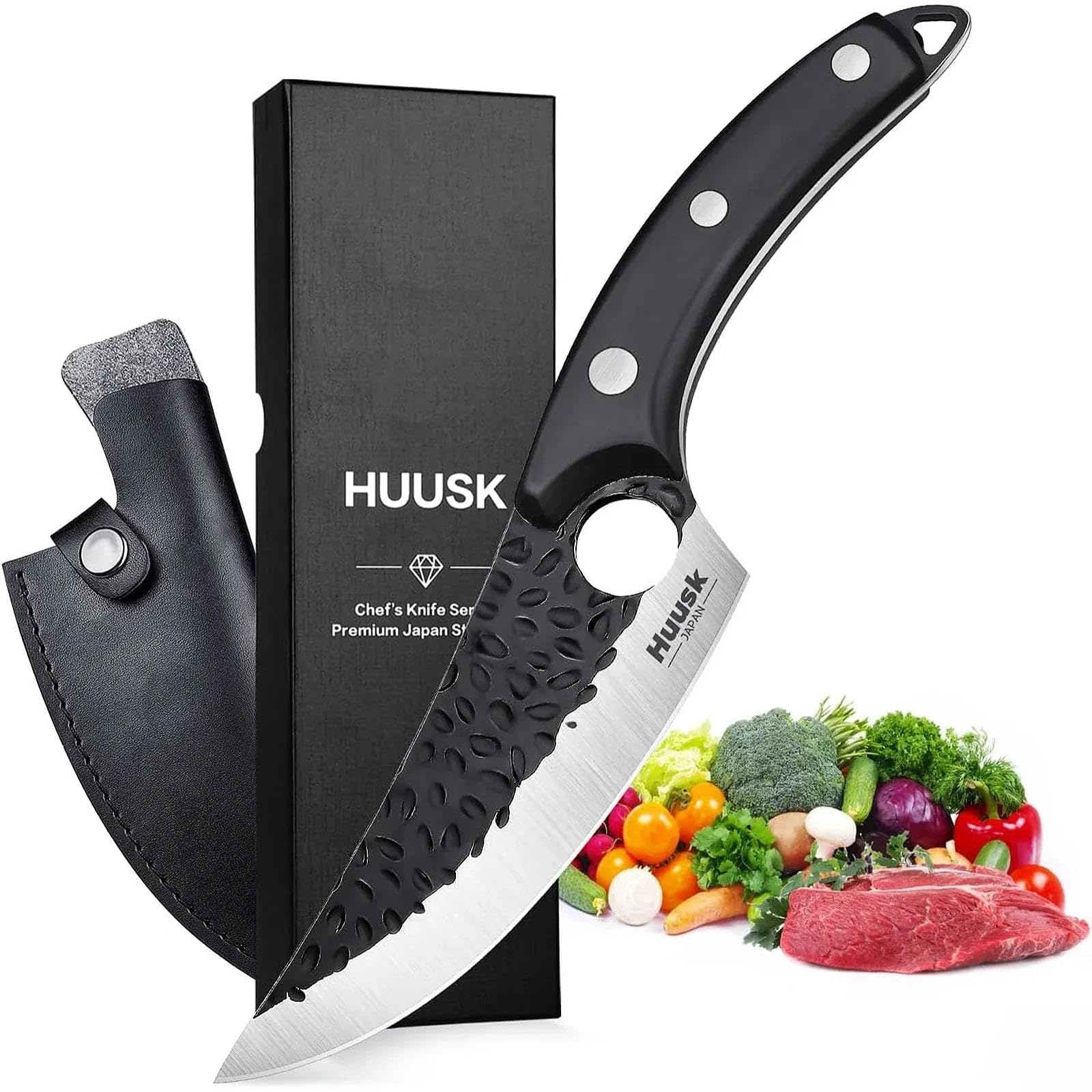 Huusk Knives from Japan, Boning Knives for Meat Cutting, Viking knives with sheath Caveman Ultimo Knives Hand Forged Full Tang Knives for Kitchen or Camping Gift for Dad