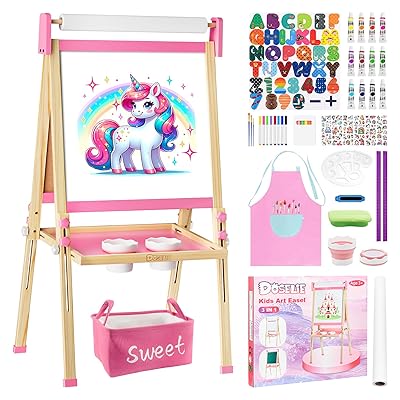 Easel for Kids Toys,Adjustable Wooden Toddler Art Easels, Girls Toys for Ages 5-7,8-13,Magnetic Dry Eraser White Board and Chalk Board with Art Supplies,Kid Easel 4 5 6 7 8 9 10 Year Old Girl Gifts