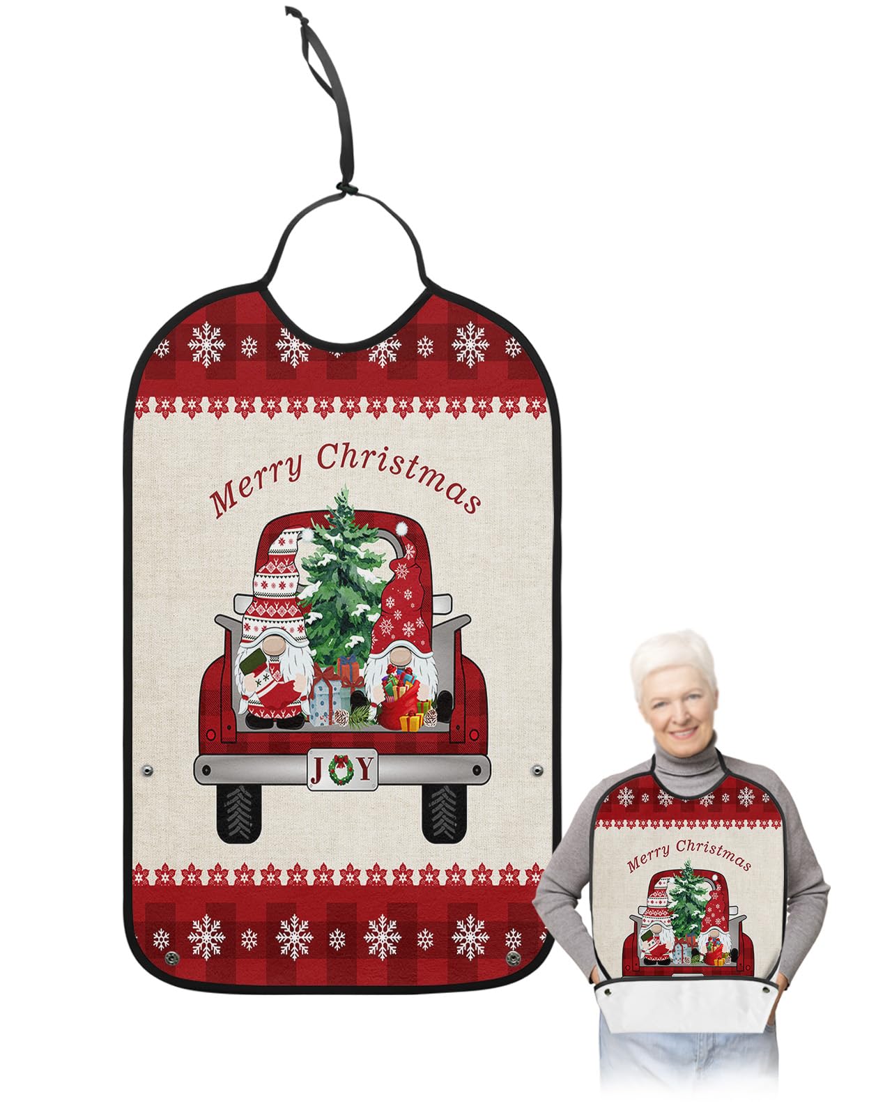 Christmas Truck Adult Bibs for Eating, Waterproof Bibs with Food Catcher & Adjustable Snap Closure, Red Plaid Winter Snowflake Gnomes Xmas Tree Clothing Protectors Adult Bibs for Elderly Women/Men