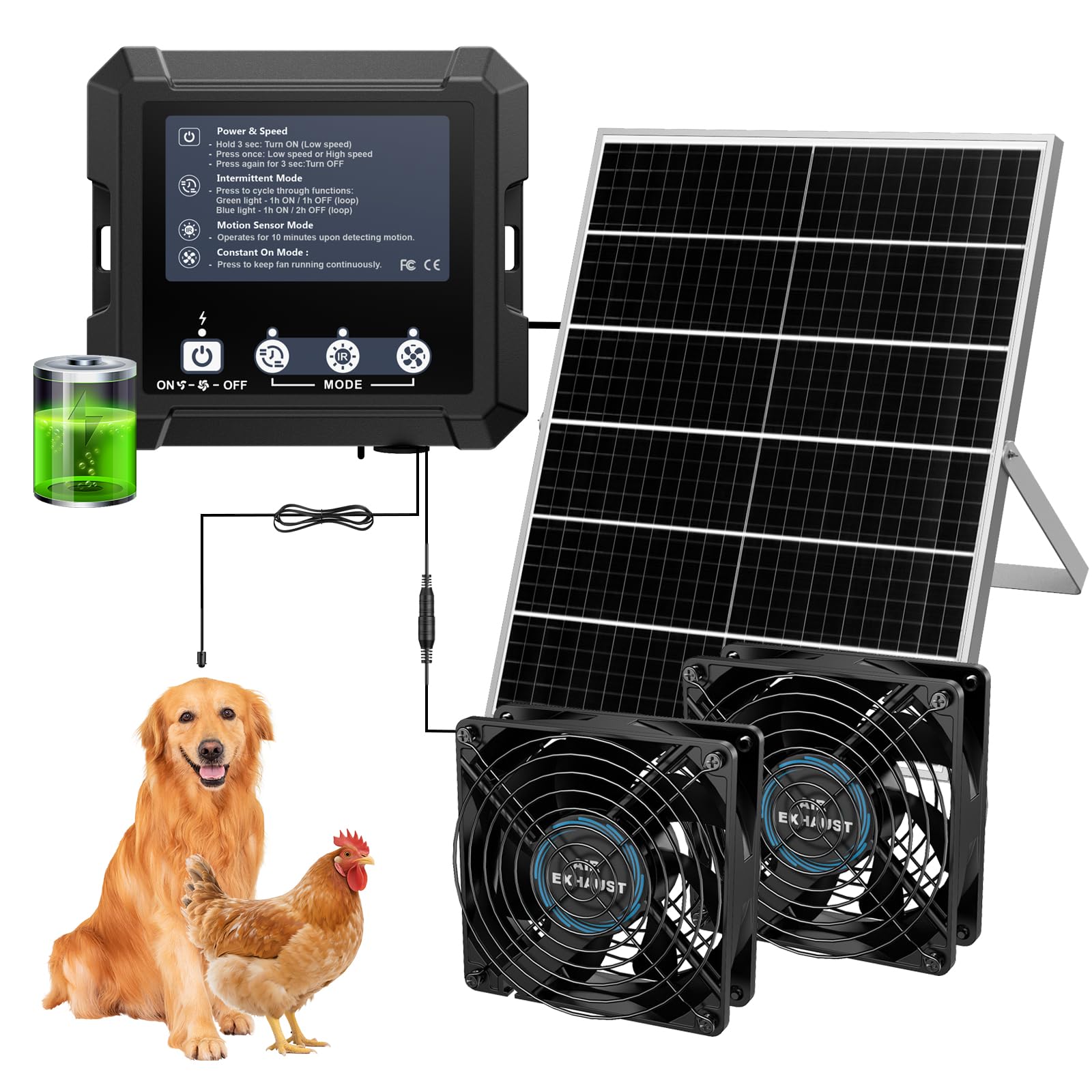 Ventilador inteligente de 25 W para gallinero con batería, ventilador de escape solar de invernadero con 3 modos (sensor de movimiento/continuo/temporizador) para ventilación de cobertizo