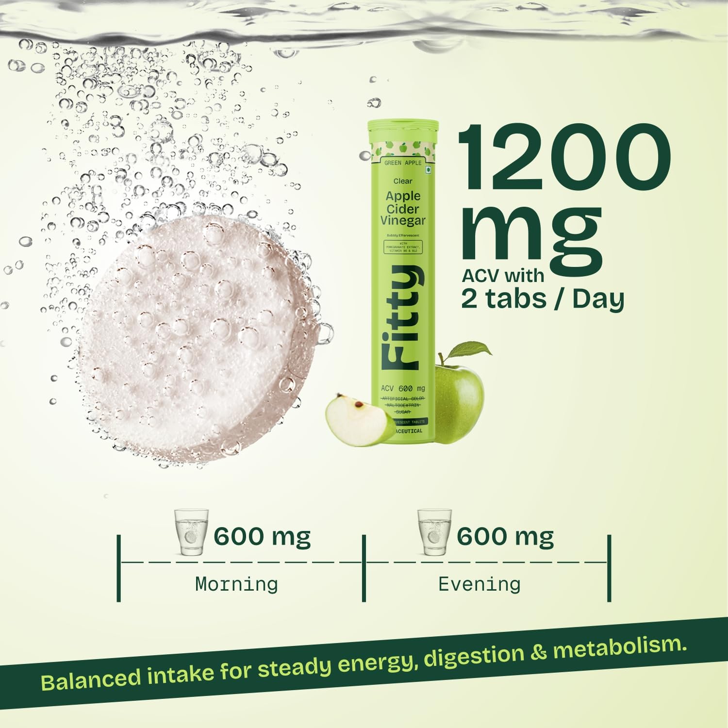 Fitty Apple Cider Vinegar Fizz 600mg| With Vitamin B6 & Stevia | Zero Sugar (Green Apple) — Amazon image 2