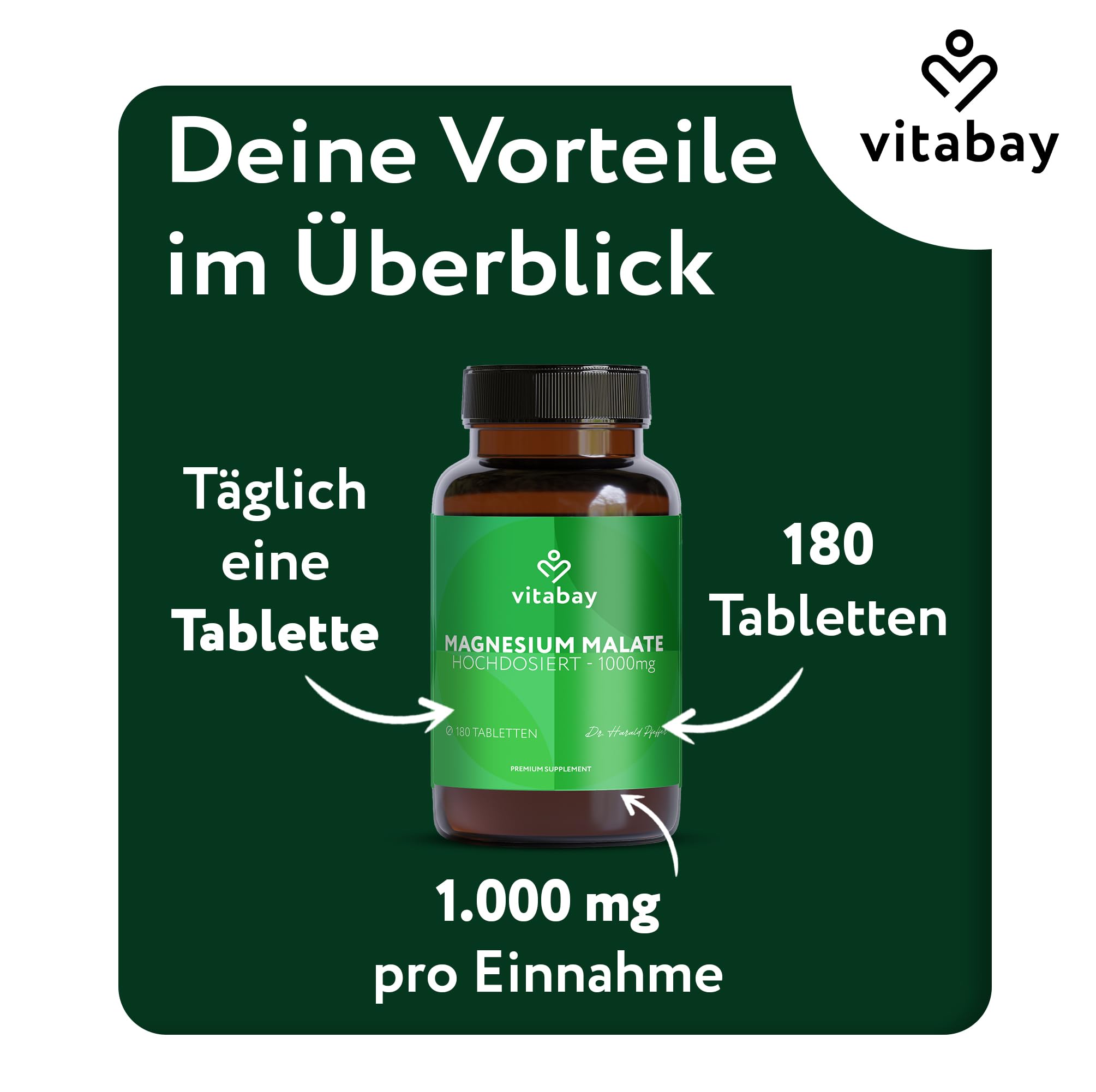 Vitabay Magnesium Malat 1000 mg – 180 Vegane Tabletten – hochdosiert - Für Energiestoffwechsel, Müdigkeit & Muskelfunktion – Laborgeprüft in Deutschland und ohne Zusatzstoffe – Vorrat für 6 Monate
