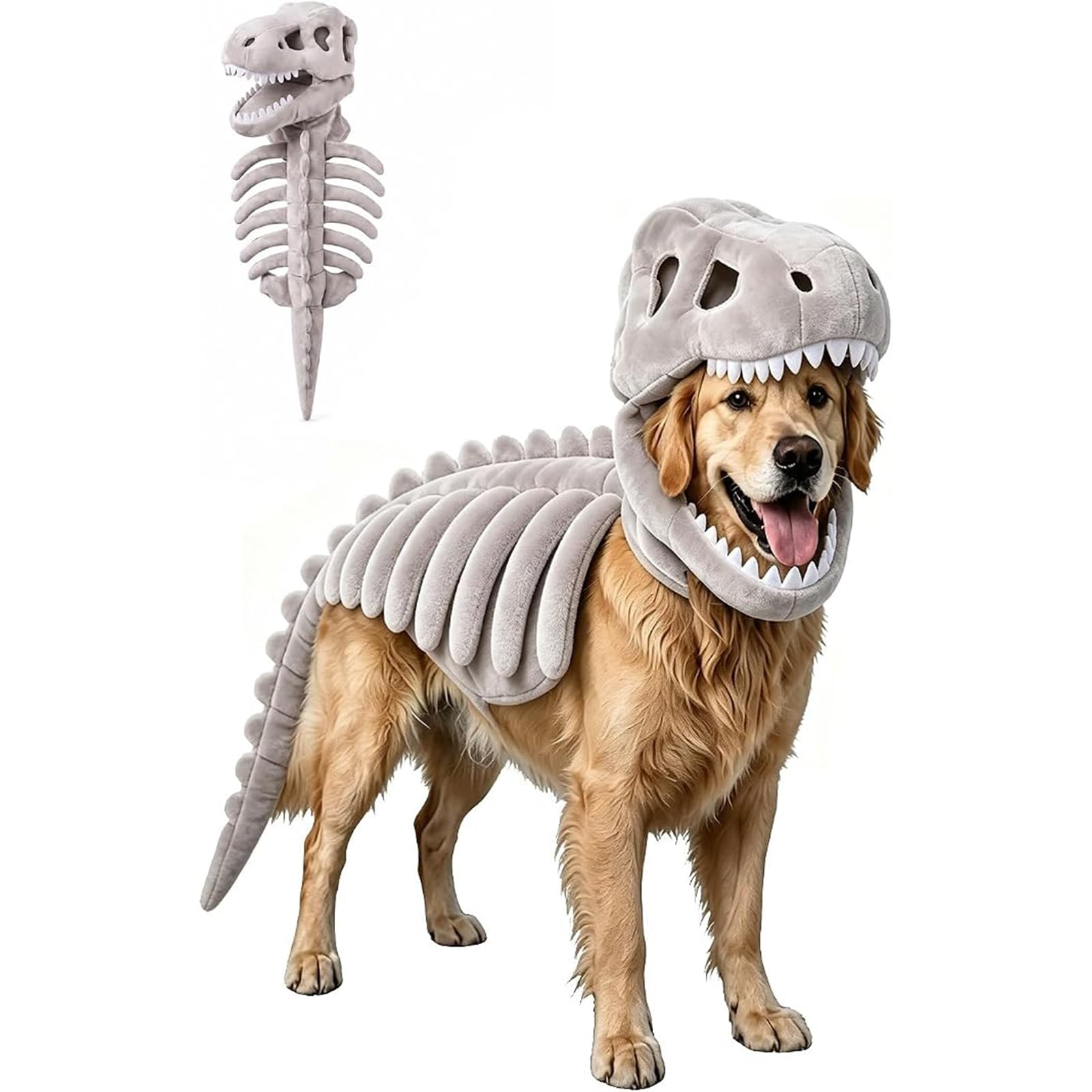 Dinosaurier Kostüm Hund Halloween, Leuchtendes Skelett Haustier Kostüm für Hunde und Katzen, Plüsch Drachen Kapuze Outfit, Lustige Tierbekleidung für Halloween Party, Fotos und Geschenke，D：120 cm