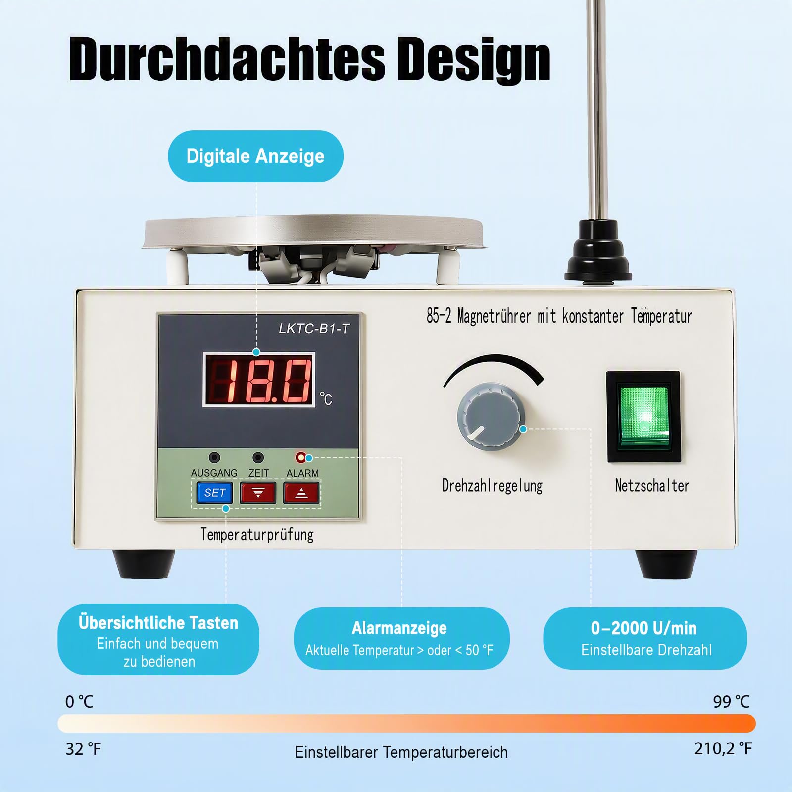 Magnetrührer Heizplatte 250W 2000ml 0-2000rpm Digital EU