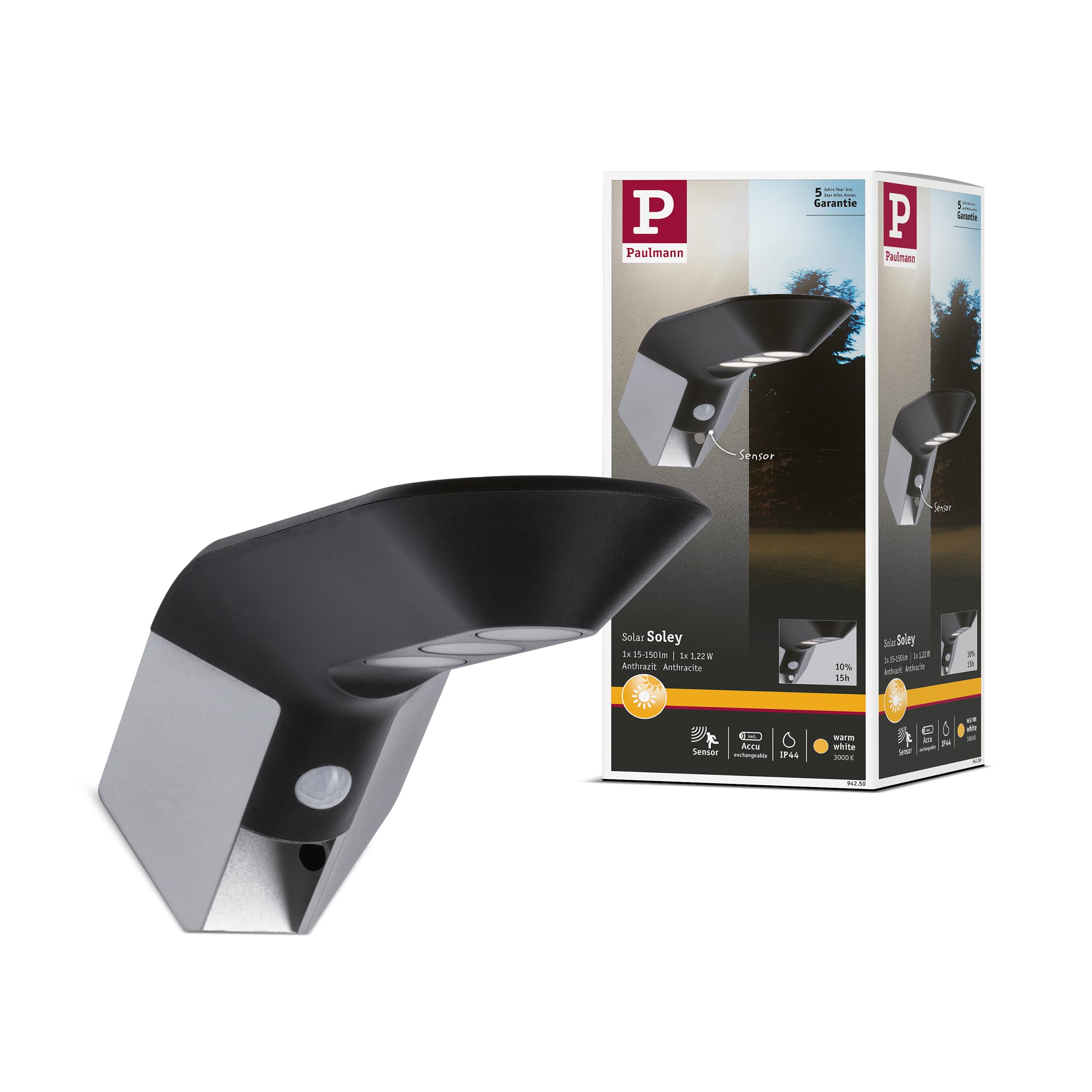 Paulmann 94250 Soley Solar wall luminaire LED Outdoor luminaire incl. 1x1.22 watt Anthracite Plastic 3000 K Warm White