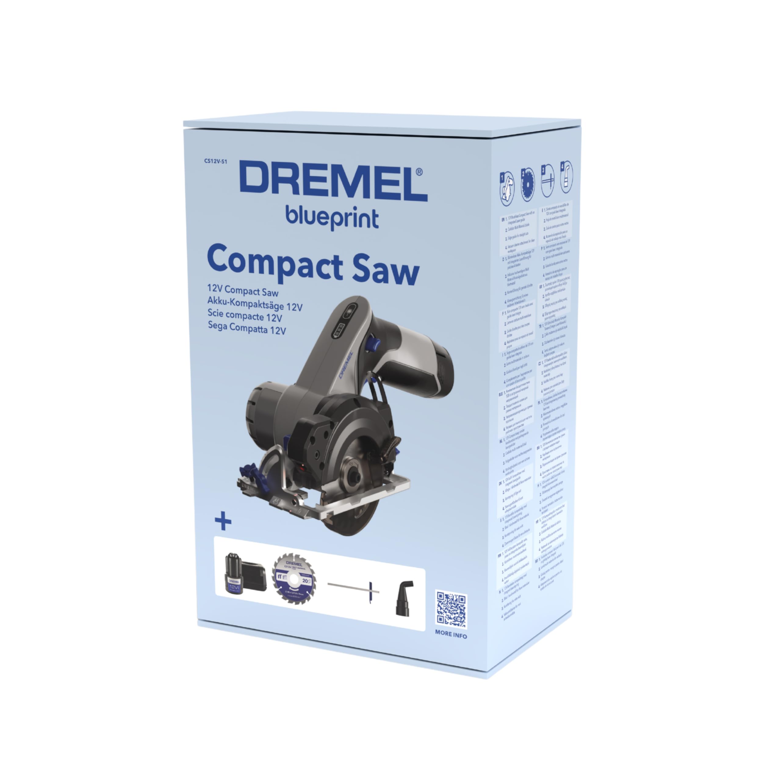 Dremel Blueprint 12V sierra circular compacta sin cable con motor sin escobillas, con guía de línea láser, guía para cortes en bisel, 1x hoja de sierra circular multi-material, guía de corte al hilo