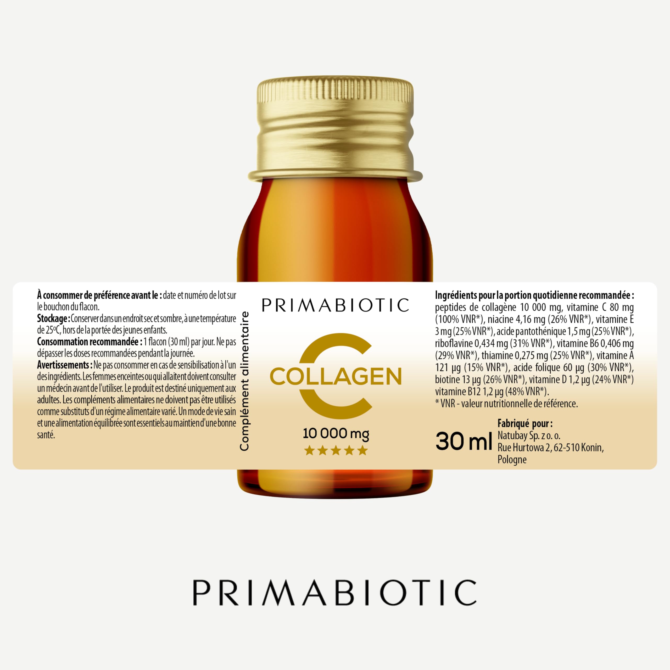 Collagène à Boire – Primabiotic Collagen 10 000 mg | 30 Flacons de 30 ml (900 ml) | Complément Boisson Premium pour la Beauté | Soutien pour la Peau, les Cheveux et les Articulations