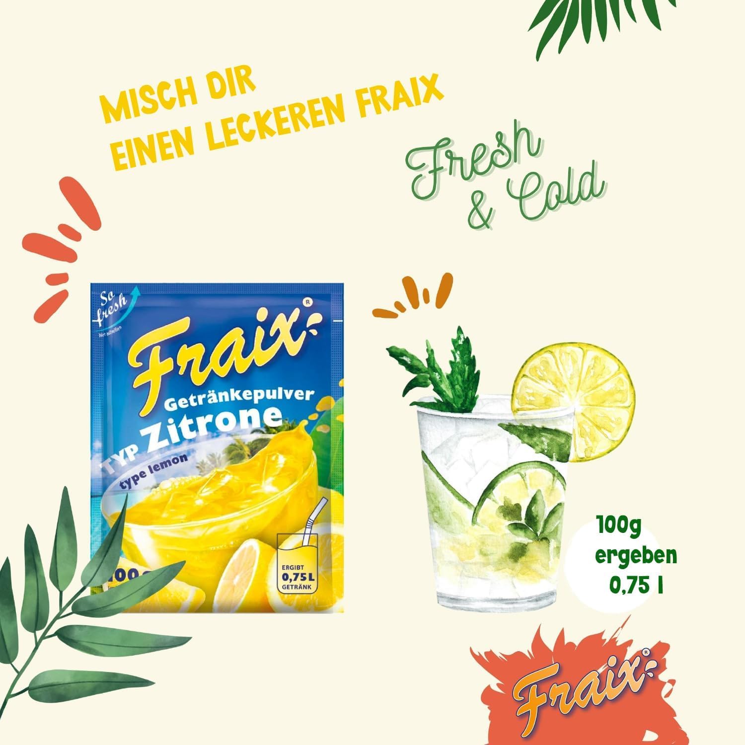 FRAIX Cytrusowy proszek do napojów, 125 sztuk (125 x 100 g), proszek owocowy o smaku cytrusowym, idealny na podróż, przyjęcie urodzinowe