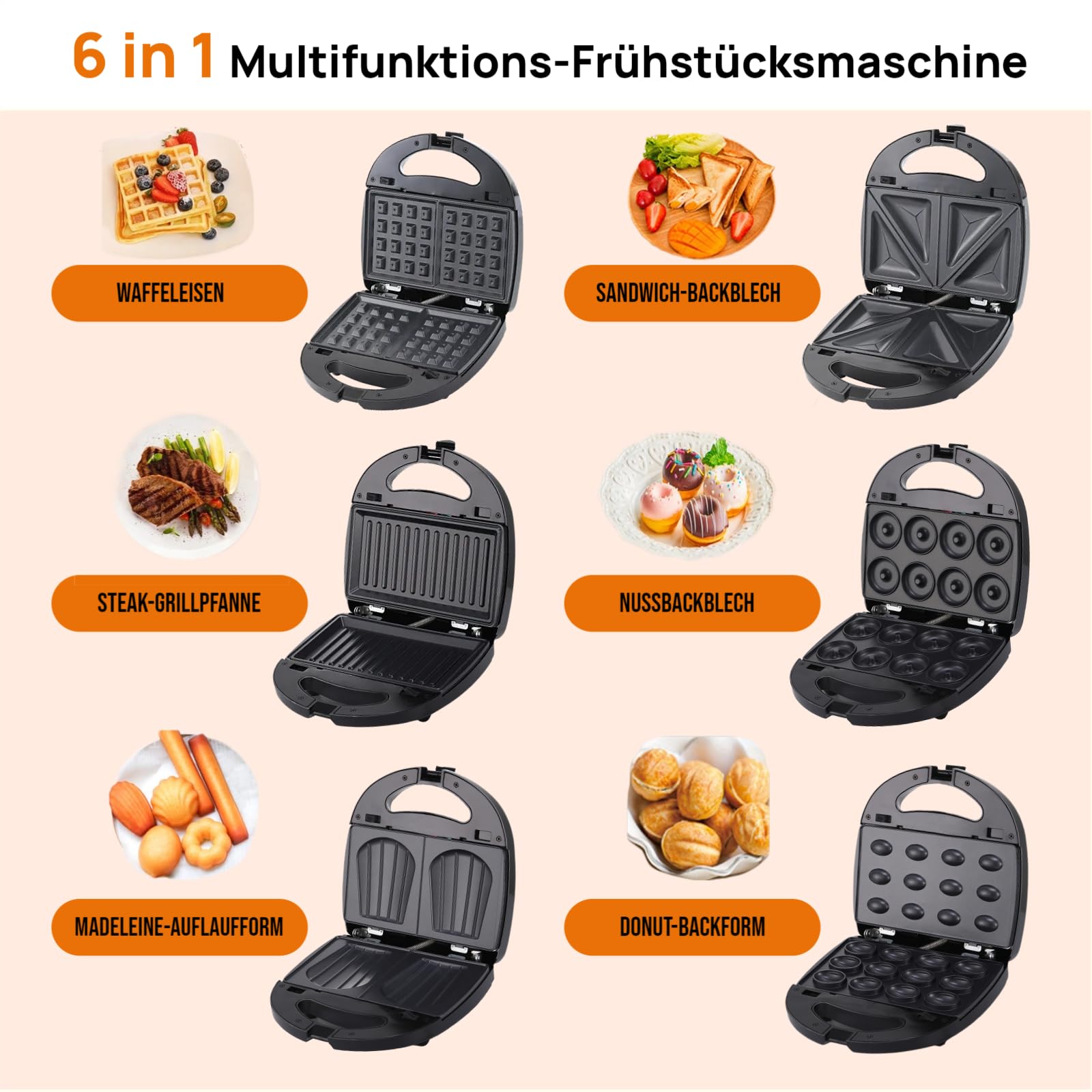 OKYUK Sandwichmaker mit 6 wechselbaren Platten, 750W Sandwichtoaster Waffeleisen mit Antihaftbeschichtung für Frühstück, Panini und Grillen