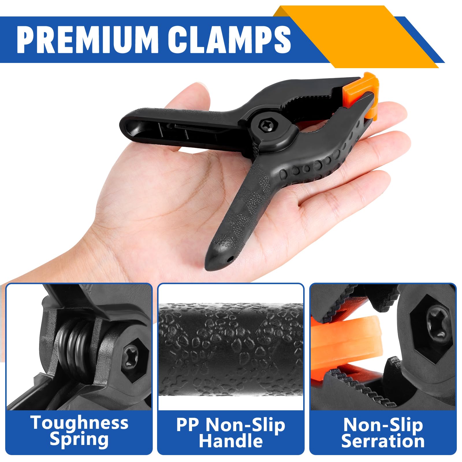 Plastic Spring Clamp Isolated On White Background. Clamping Equipment Working Hand Tool Black And Orange Spring Clamp Closeup Image465959980