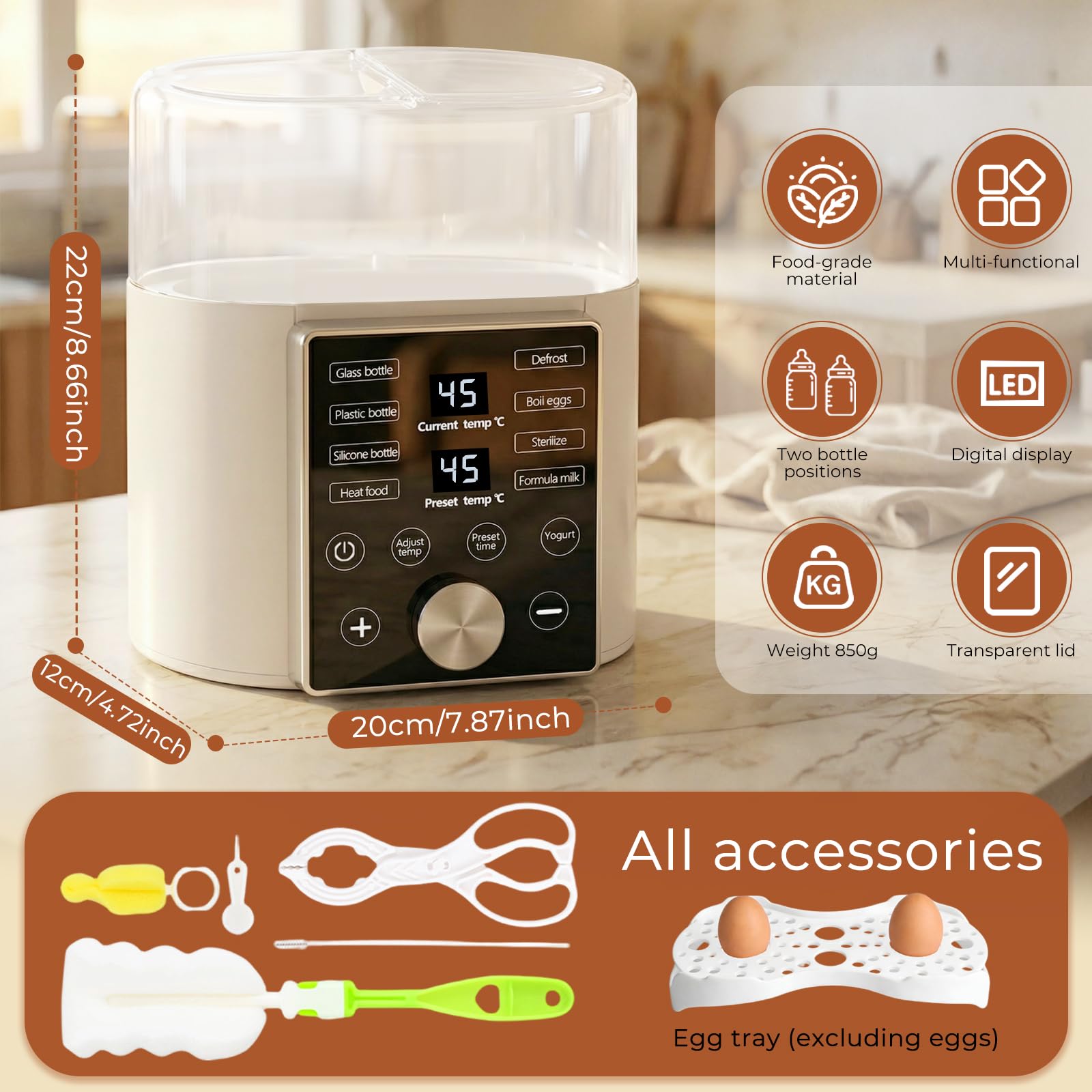 9 in 1 Scaldabiberon,Sterilizzatore Biberon,Scalda biberon,Scalda biberon Neonato Portatile,Double BottleWarmer,Senza BPA,Display LCD,Riscaldamento Rapido,Scongelare,Adatto a Tutti i biberon